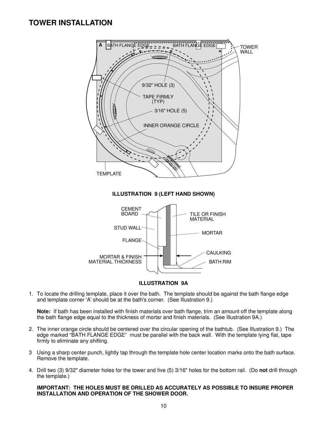 Jacuzzi F258000 manual Tower Installation, Illustration 9 Left Hand Shown, Illustration 9A 