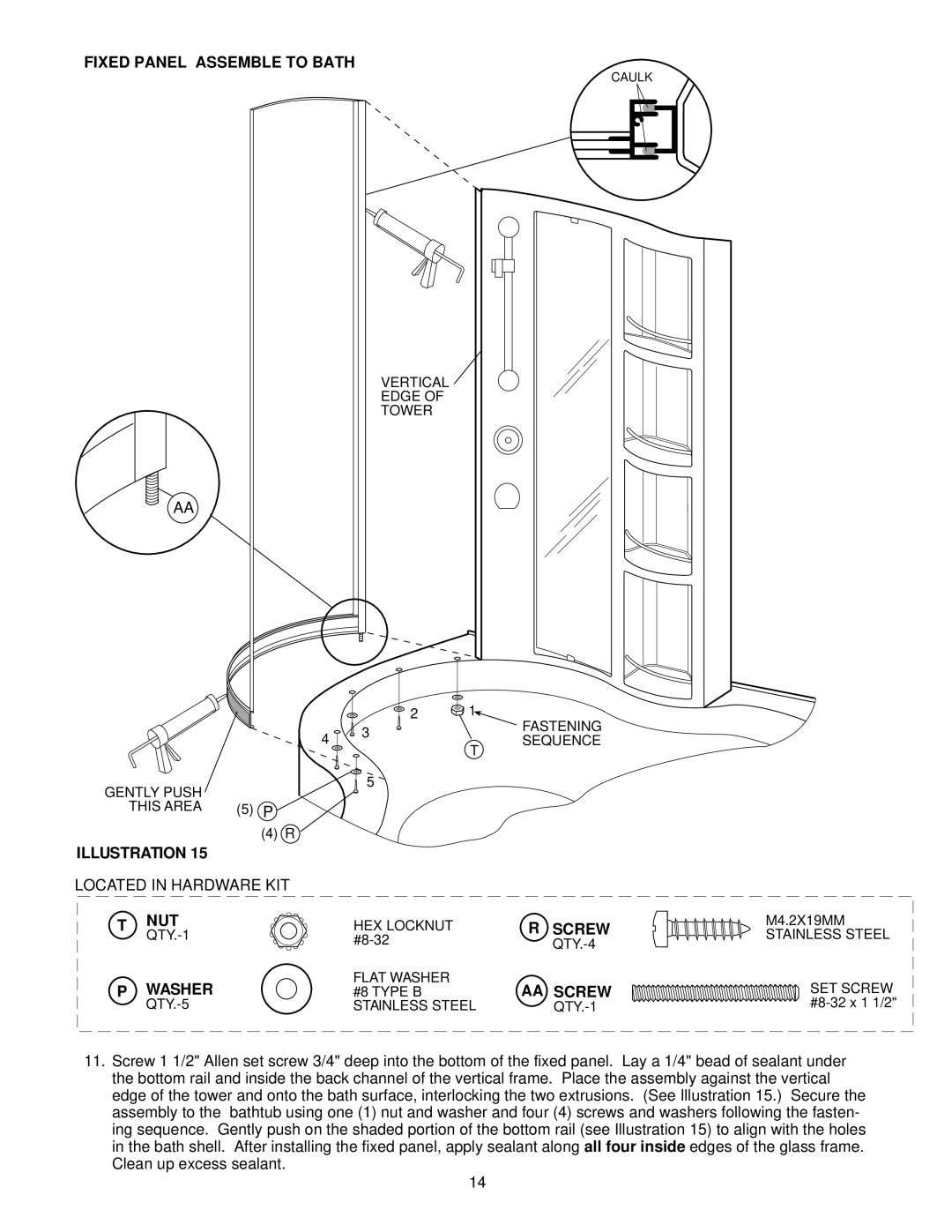 Jacuzzi F258000 manual Fixed Panel Assemble to Bath, Nut 