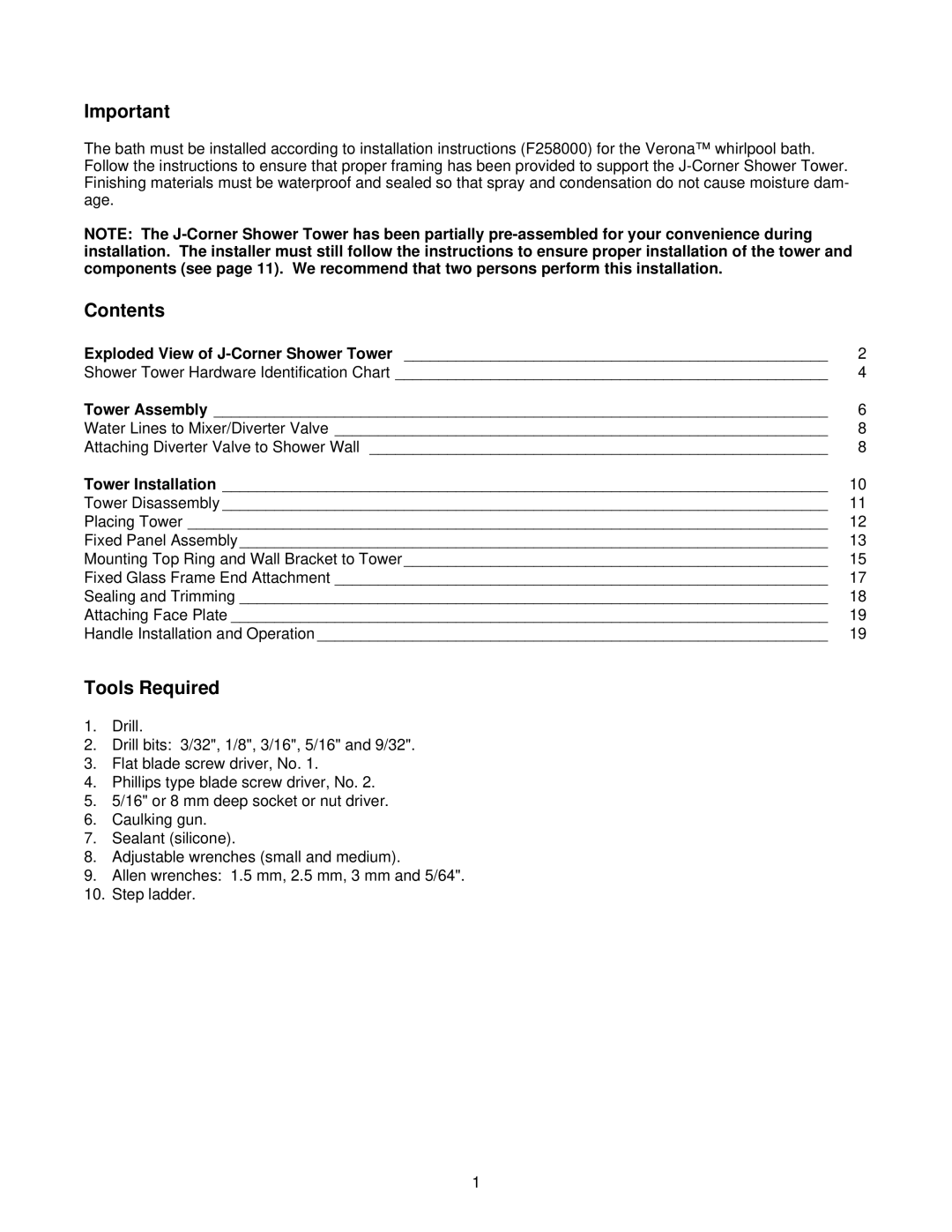 Jacuzzi F258000 manual Contents 