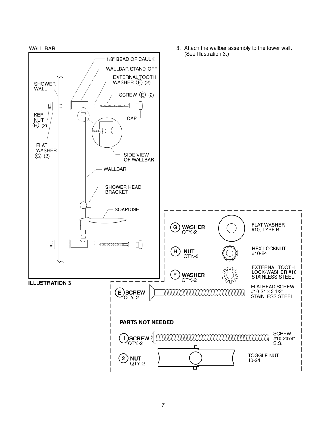 Jacuzzi F258000 manual Wall BAR, Parts not Needed Screw 