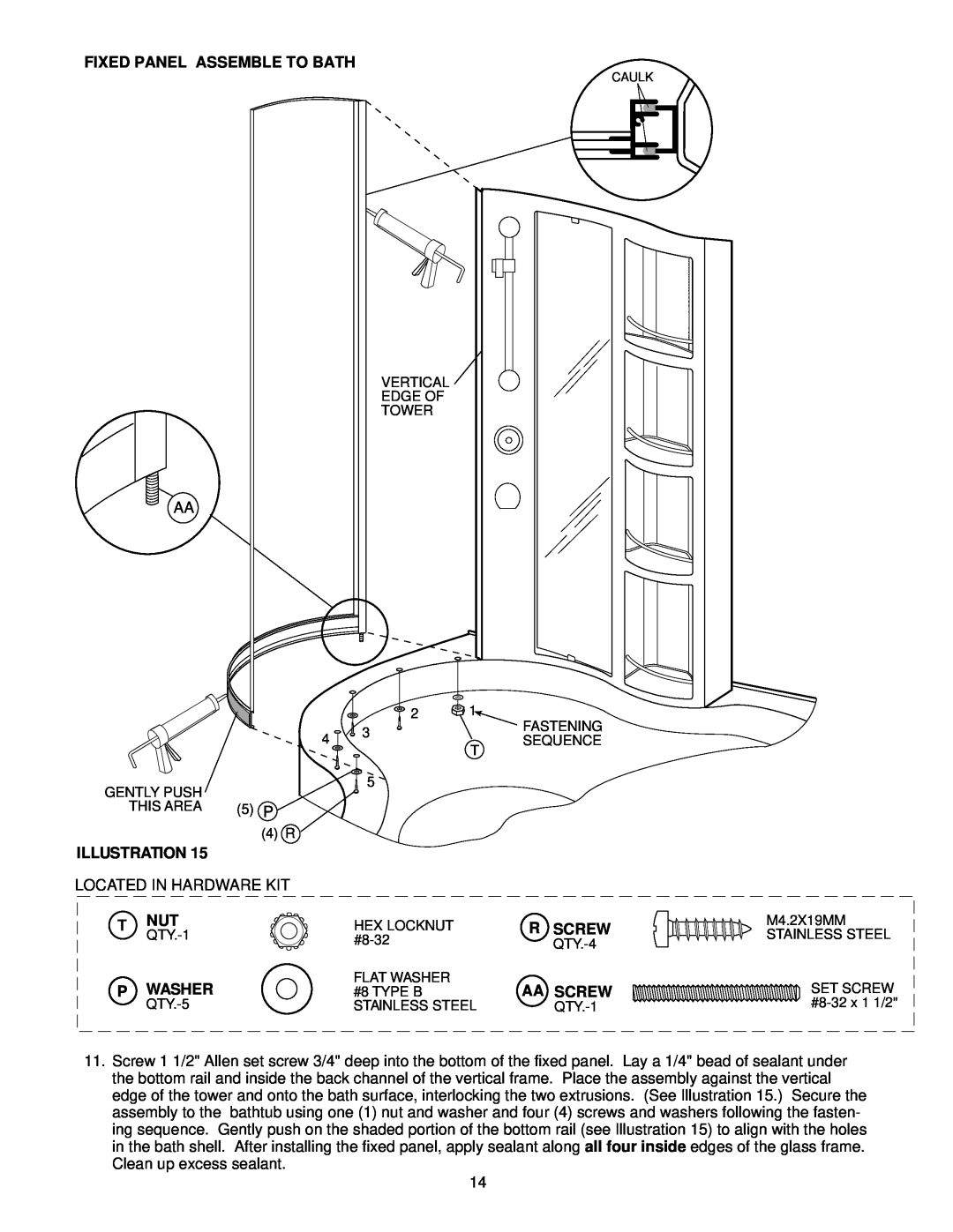 Jacuzzi F258000 manual Fixed Panel Assemble To Bath, Illustration, R Screw, P Washer, Aa Screw 