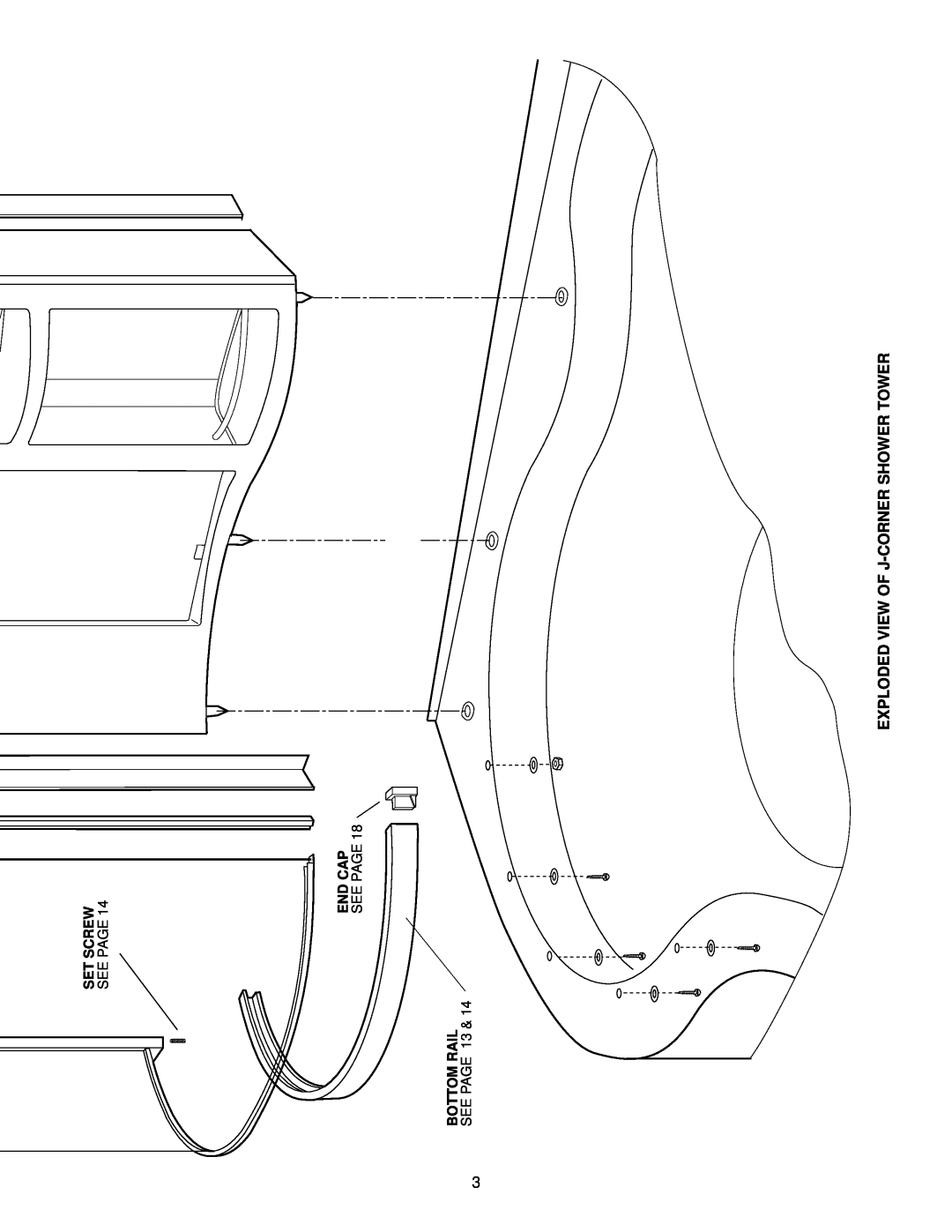 Jacuzzi F258000 manual Exploded View Of J-Cornershower Tower, Screw, PAGE14, ENDCAP SEEPAGE18, See Page, Bottom Rail 
