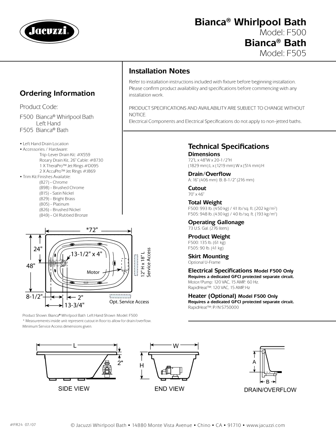 Jacuzzi F500, F505 dimensions Ordering Information, Installation Notes, Technical Speciﬁcations 