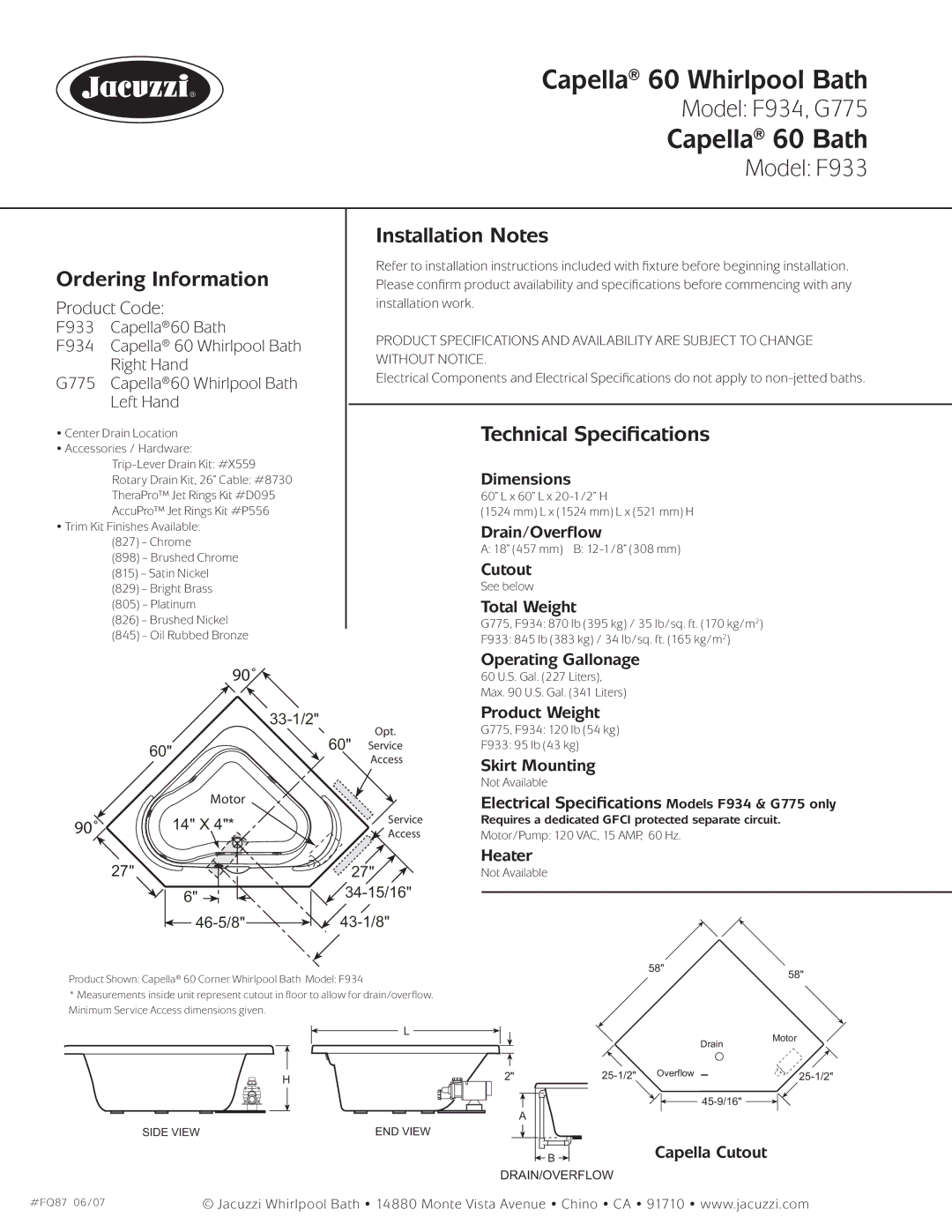 Jacuzzi G775 LH, F933, F934 RH dimensions Ordering Information, Installation Notes, Technical Speciﬁcations 