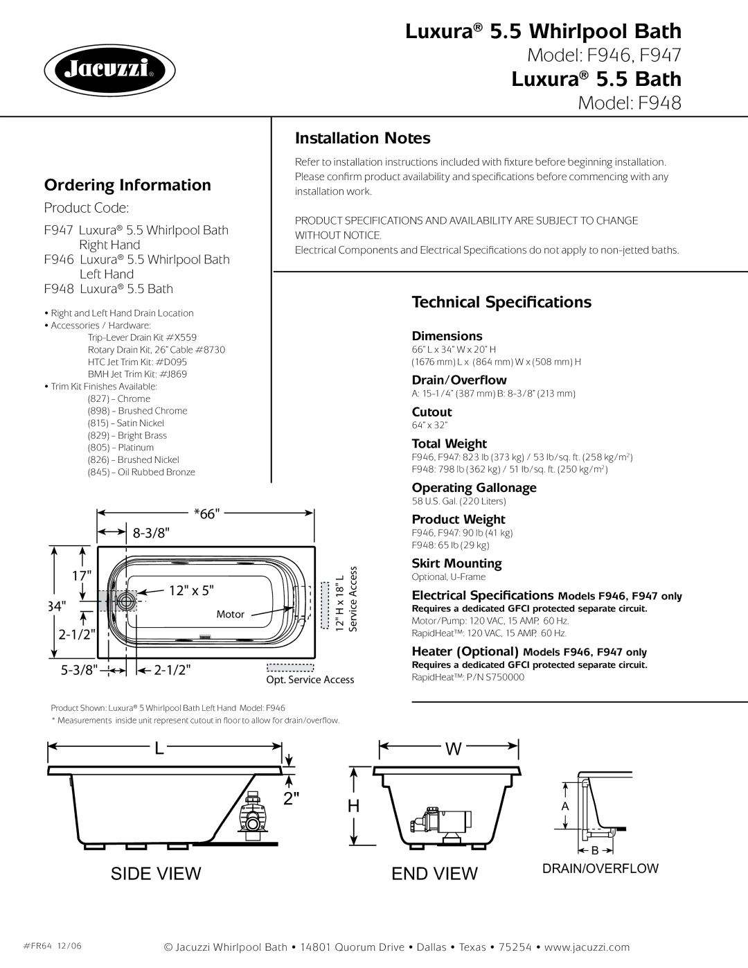 Jacuzzi F947-RH dimensions Ordering Information, Installation Notes, Technical Specifications 