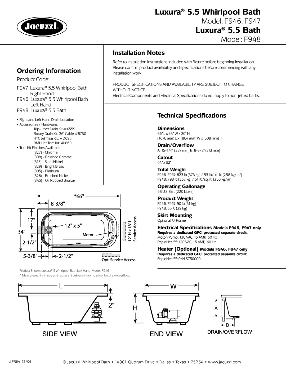 Jacuzzi F947-RH Luxura 5.5 Whirlpool Bath, Luxura 5.5 Bath, Model F946, F947, Model F948, Ordering Information, 8-3/8 