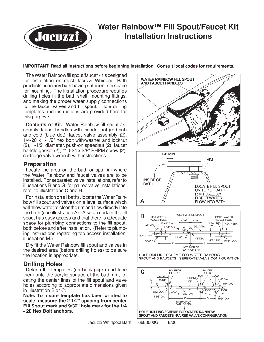 Jacuzzi Faucet Kit installation instructions Preparation, Drilling Holes, Faucet Handles 