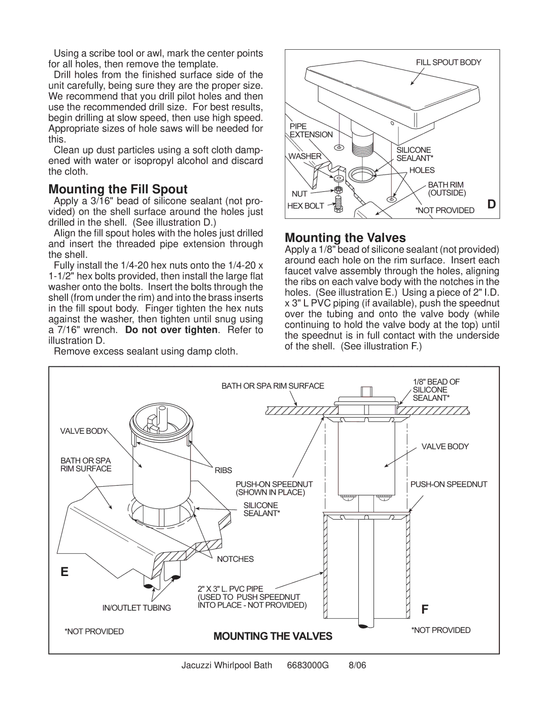 Jacuzzi Faucet Kit installation instructions Mounting the Fill Spout, Mounting the Valves 