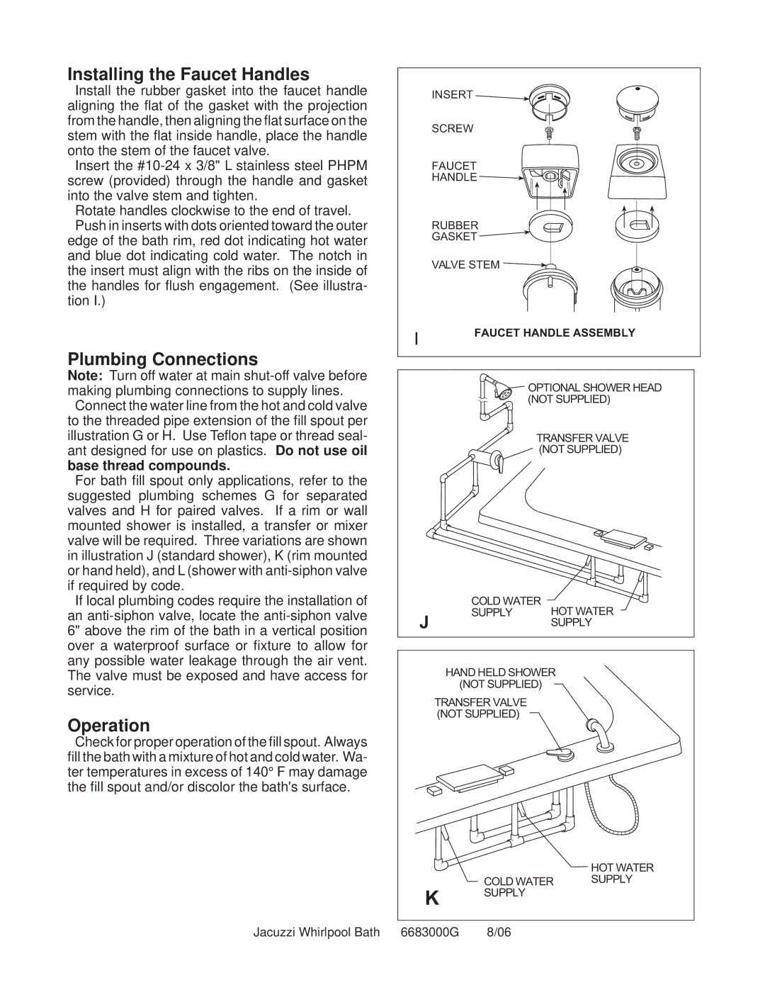 Jacuzzi Faucet Kit Installing the Faucet Handles, Plumbing Connections, Operation, Faucet Handle Assembly 