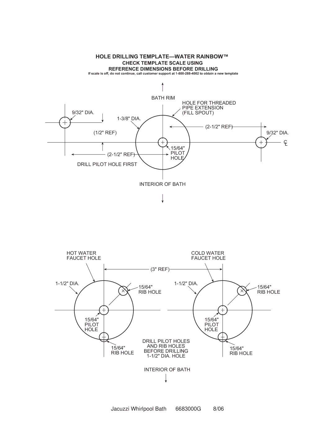 Jacuzzi Faucet Kit installation instructions Hole Drilling TEMPLATE-WATER Rainbow 