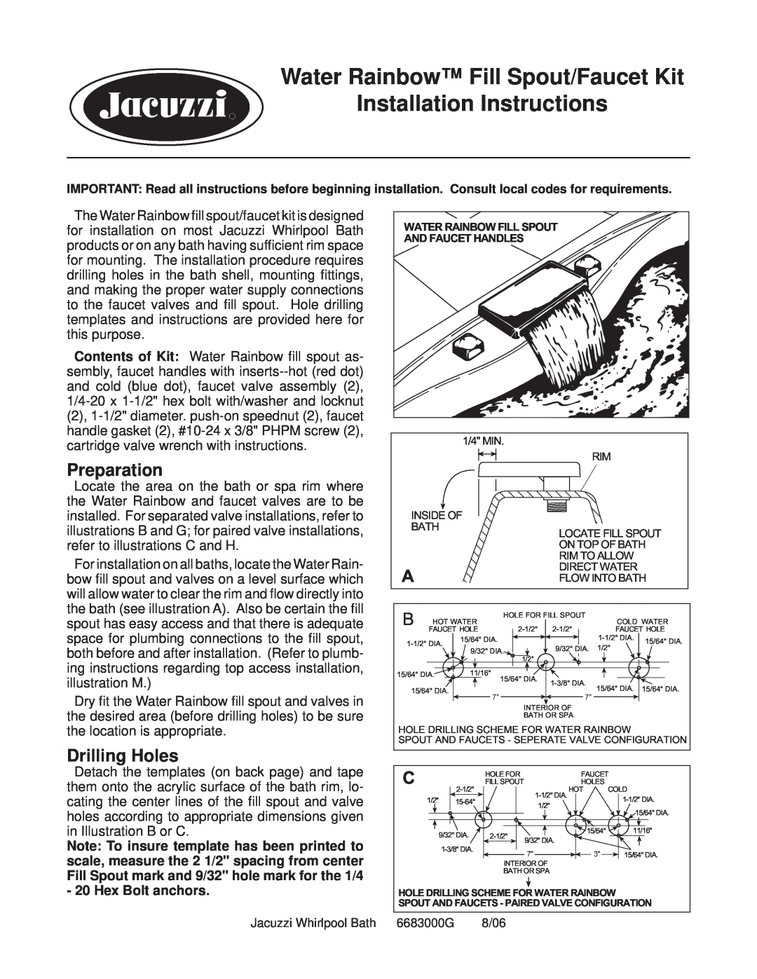 Jacuzzi installation instructions Preparation, Drilling Holes, Water Rainbow Fill Spout/Faucet Kit 