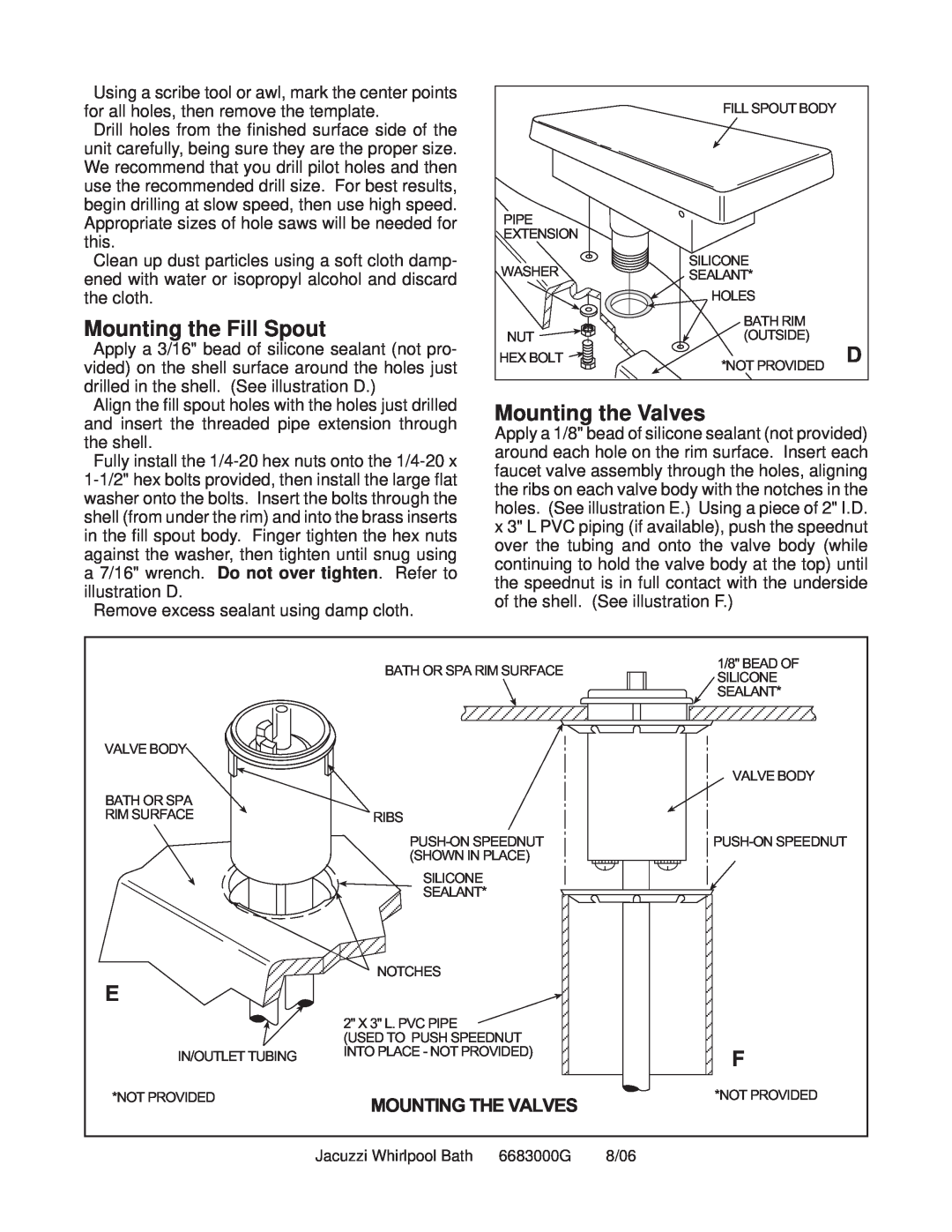Jacuzzi Faucet Kit installation instructions Mounting the Fill Spout, Mounting the Valves, Mounting The Valves 