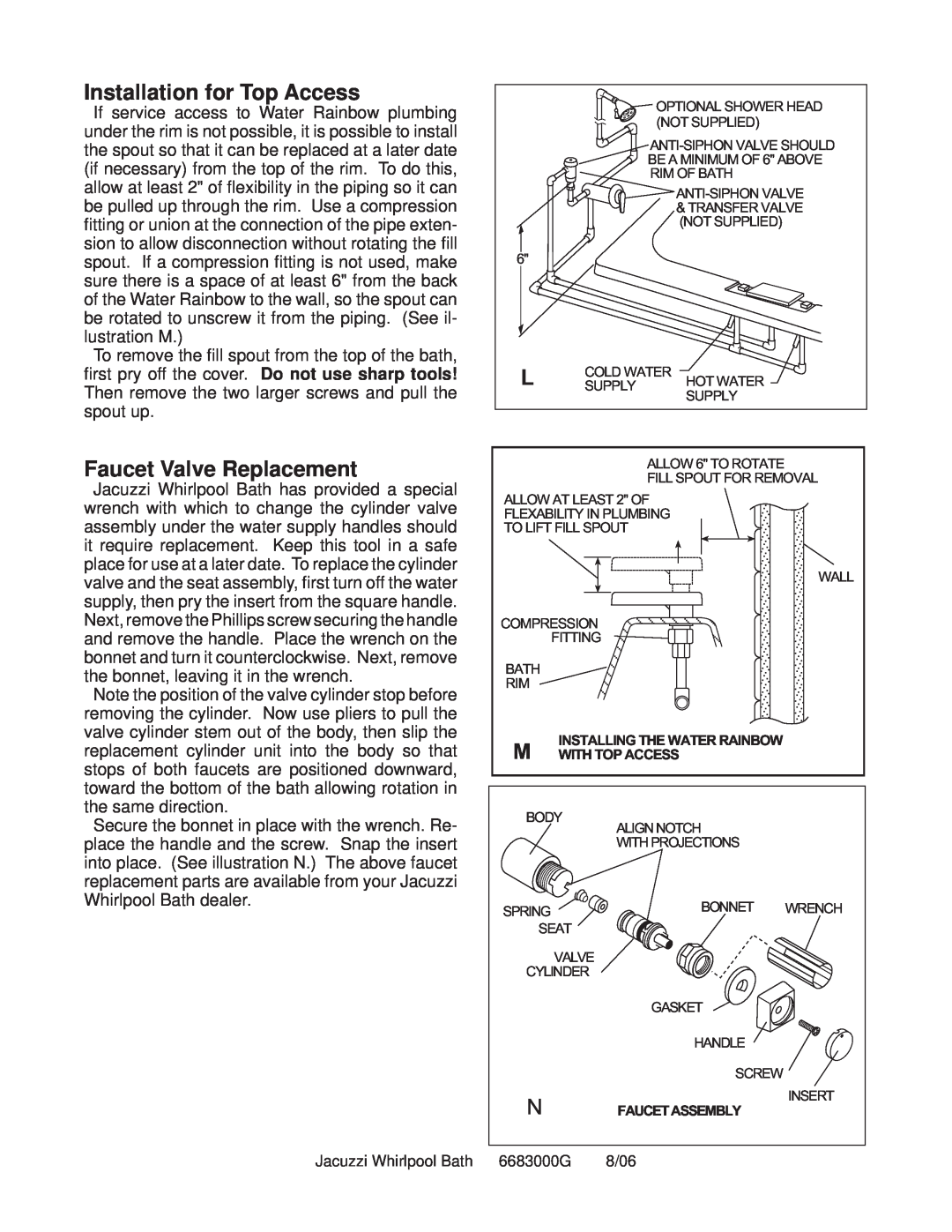 Jacuzzi Faucet Kit installation instructions Installation for Top Access, Faucet Valve Replacement 