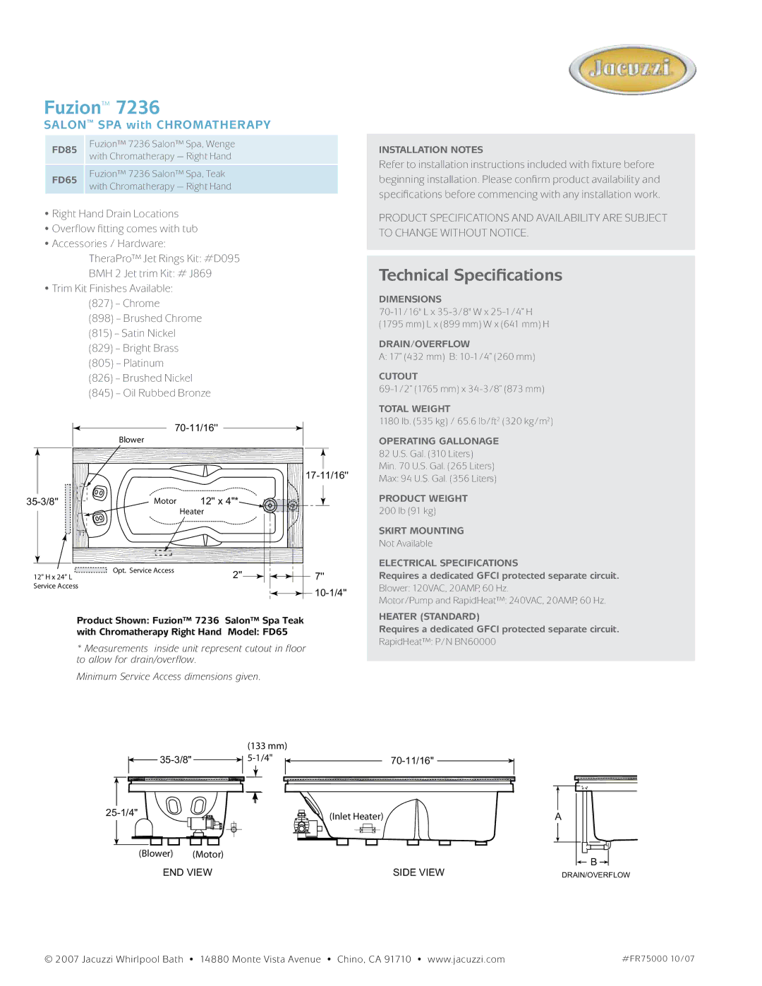 Jacuzzi FD85, FD65 dimensions Fuzion, Technical Specifications, Salon spa with chromatherapy 