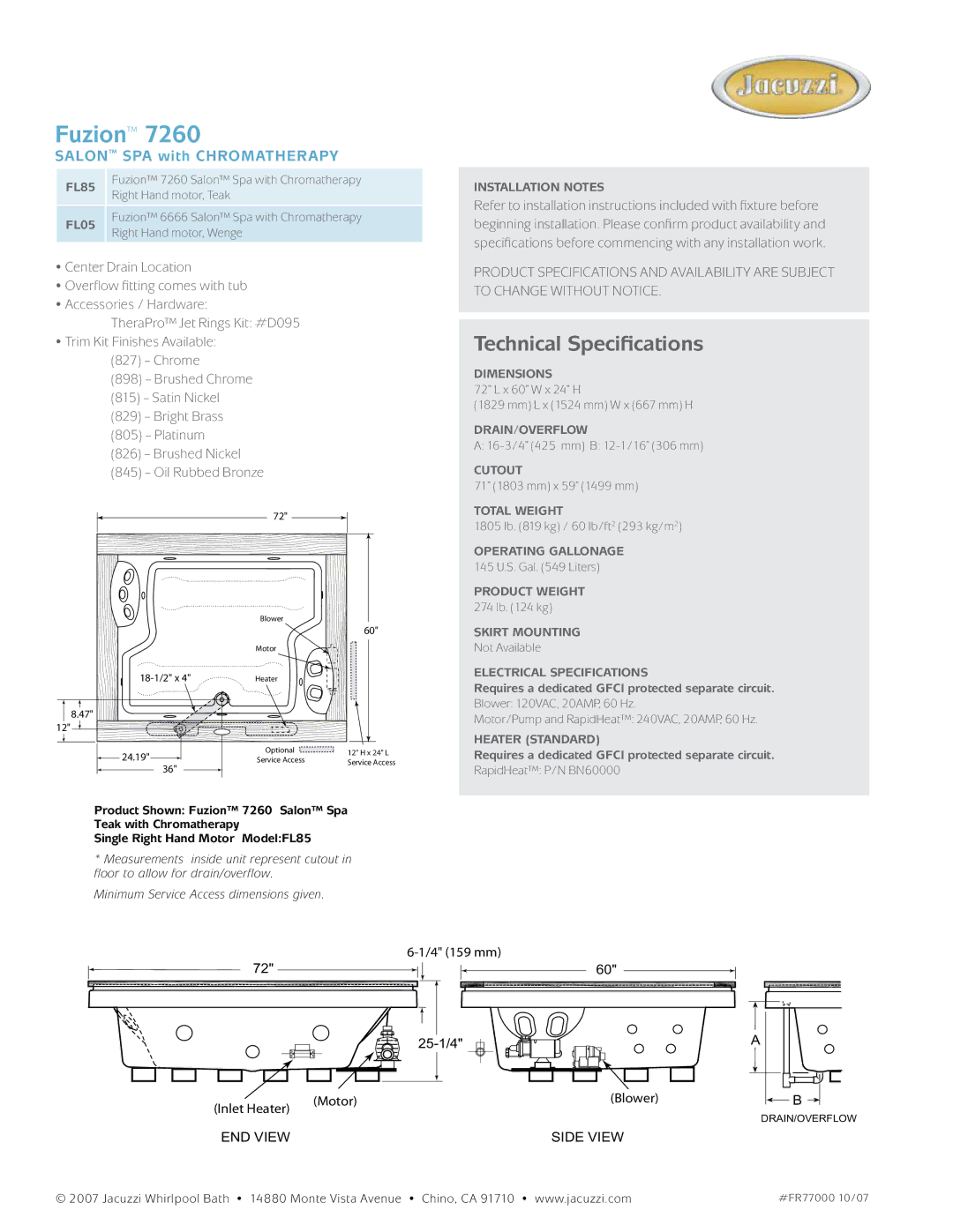 Jacuzzi FL05, FL85 dimensions Fuzion, Technical Specifications, Salon spa with chromatherapy 