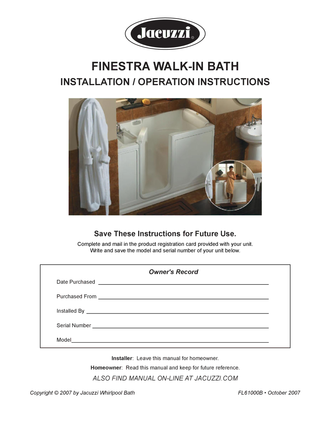 Jacuzzi FL61000 manual Finestra Walk-In Bath 