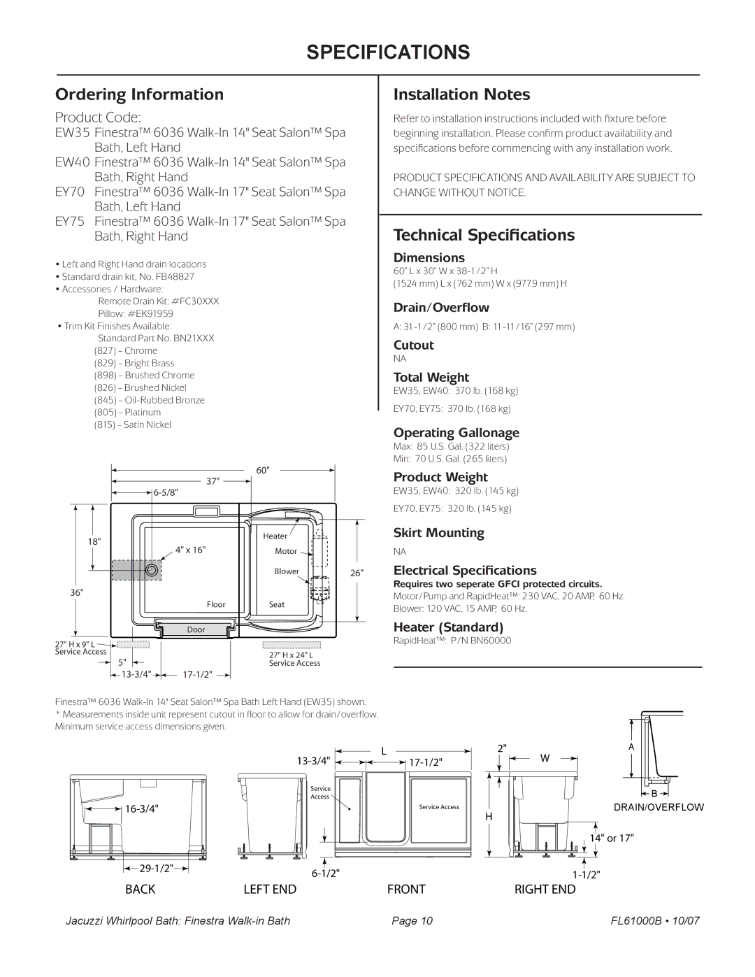 Jacuzzi FL61000 manual Requires two seperate Gfci protected circuits 