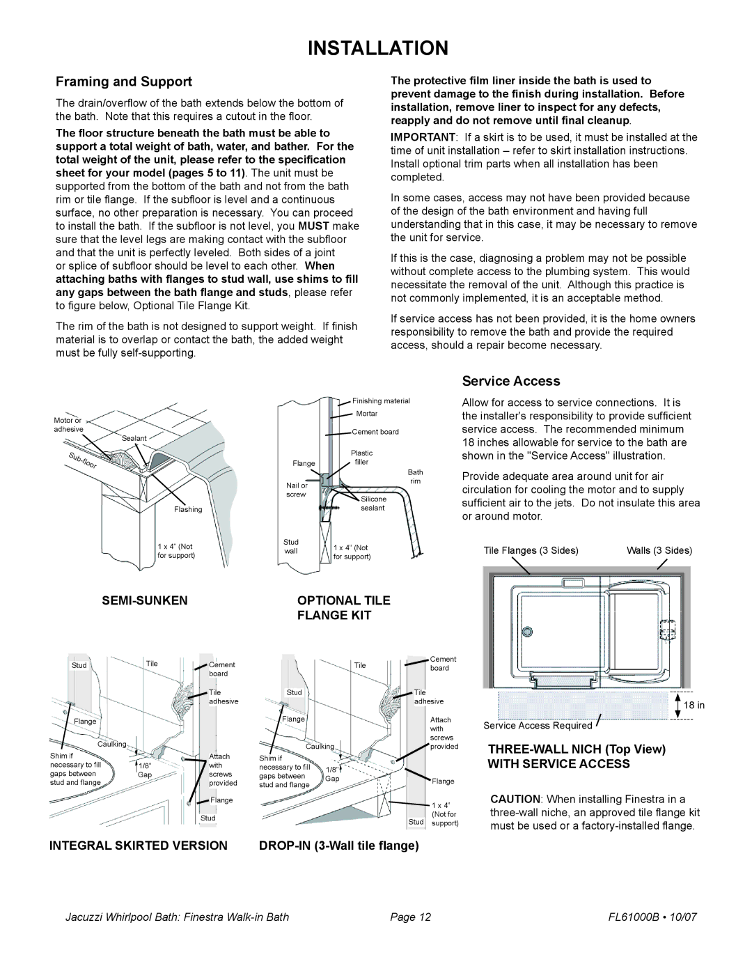 Jacuzzi FL61000 manual Installation, Framing and Support, Service Access, Semi-Sunken, Optional Tile Flange Kit 