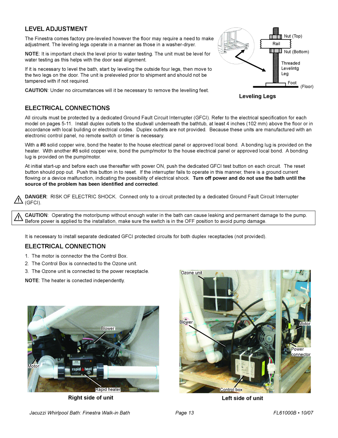 Jacuzzi FL61000 manual Leveling Legs, Right side of unit Left side of unit 