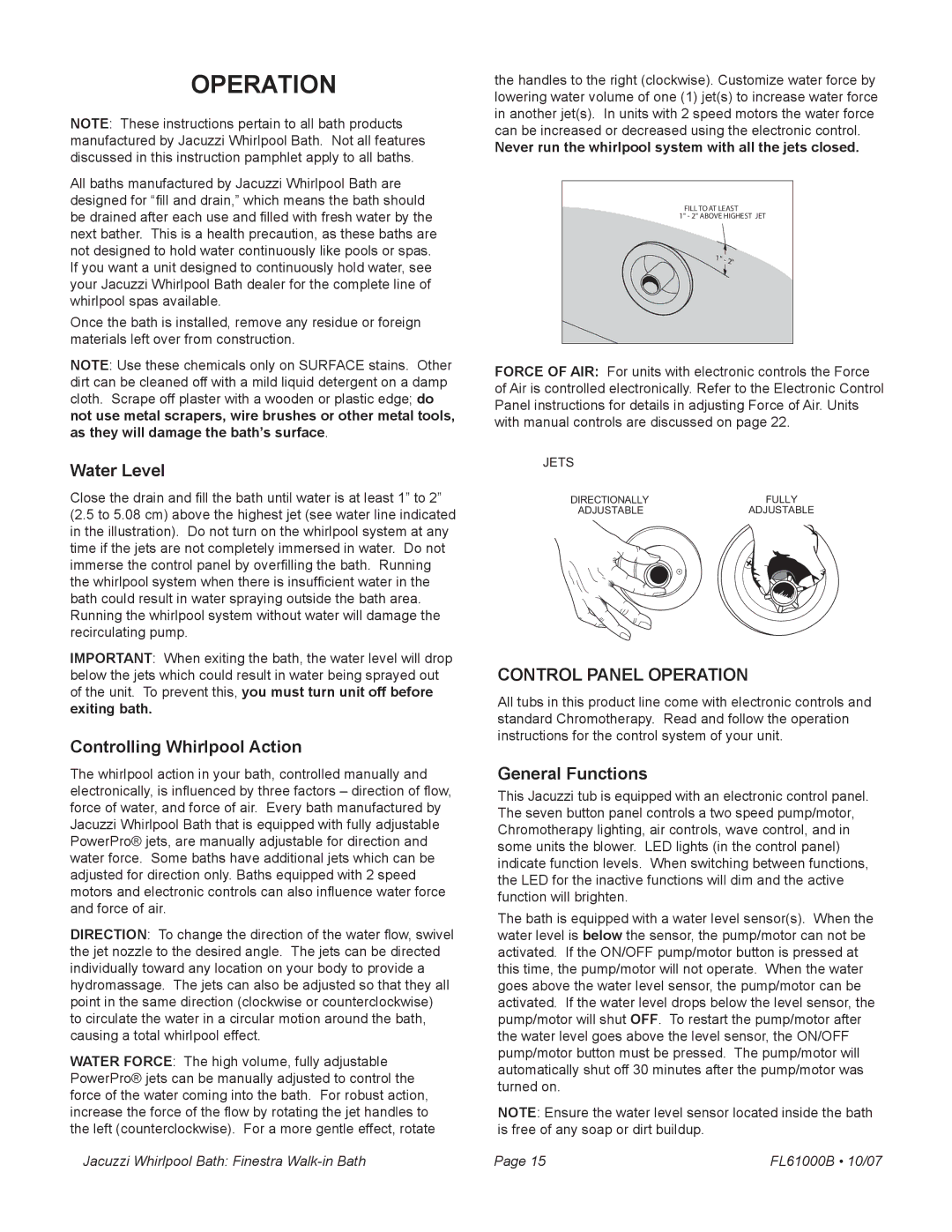 Jacuzzi FL61000 manual Operation, Water Level, Controlling Whirlpool Action, General Functions 