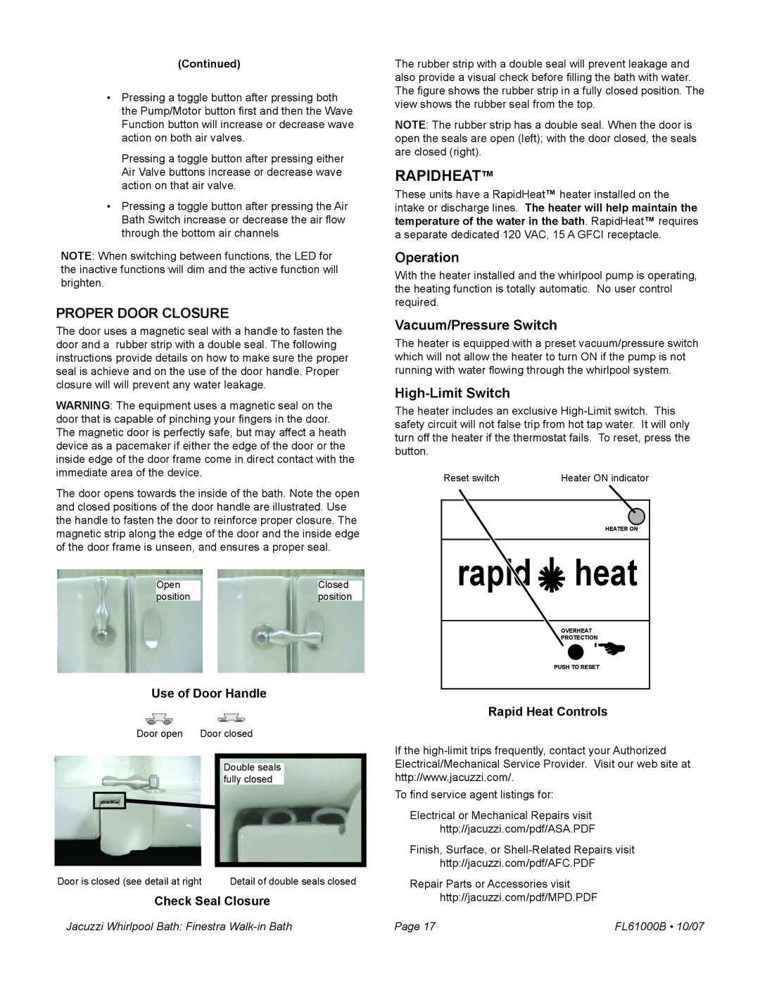 Jacuzzi FL61000 manual Proper Door Closure, Operation, Vacuum/Pressure Switch, High-Limit Switch 