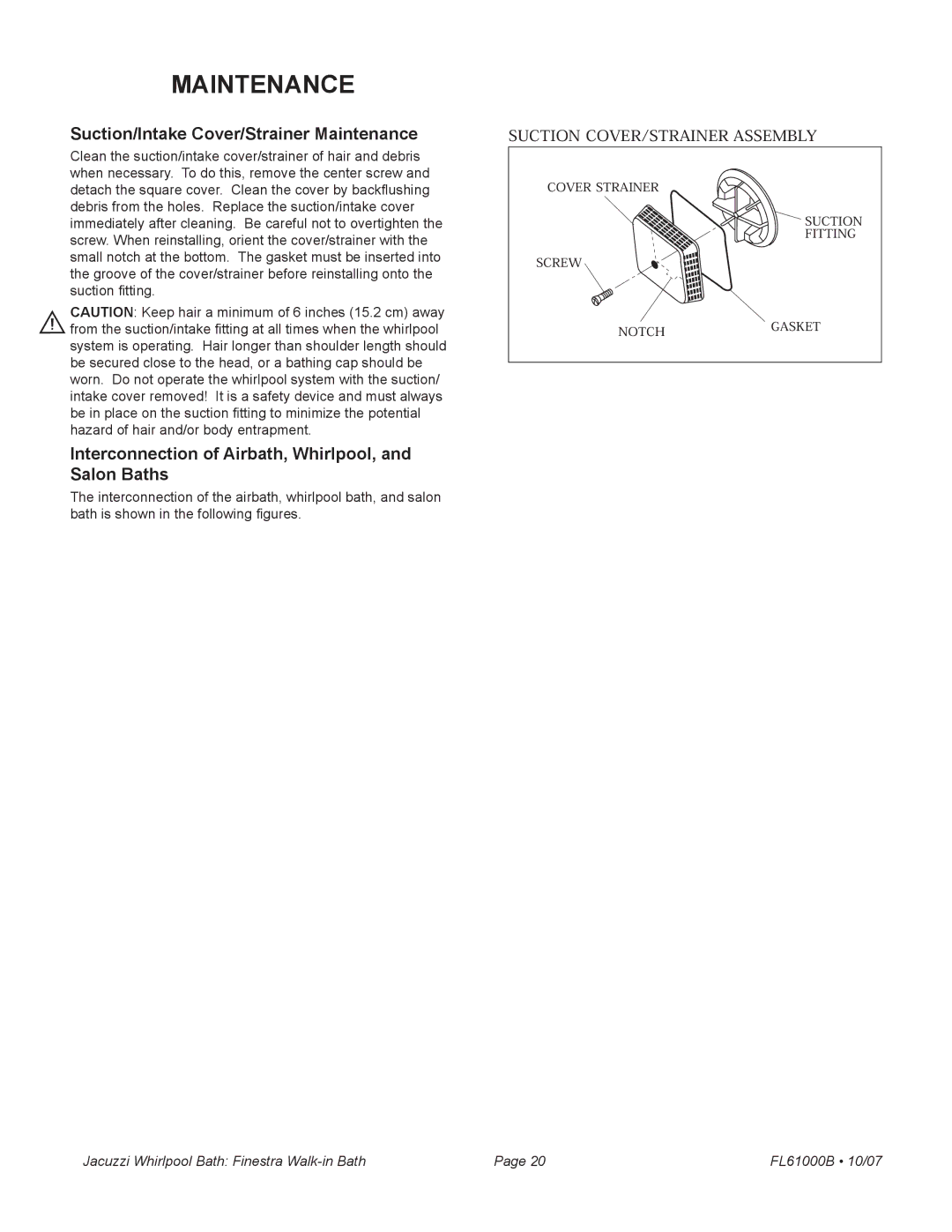 Jacuzzi FL61000 manual Suction/Intake Cover/Strainer Maintenance, Interconnection of Airbath, Whirlpool, and Salon Baths 