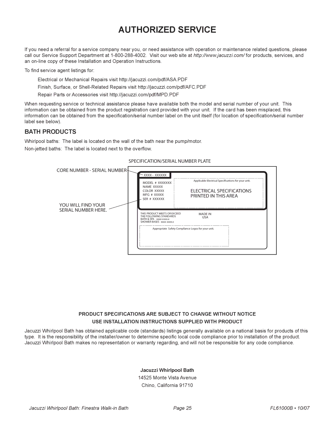 Jacuzzi FL61000 manual Authorized Service, Bath Products 