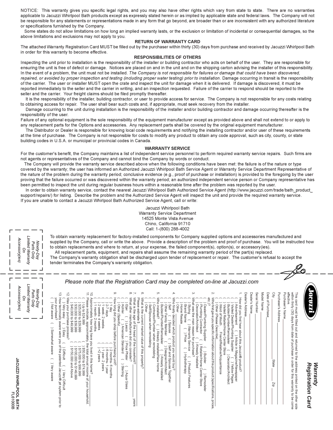 Jacuzzi FL61000 manual Warranty Registration Card 