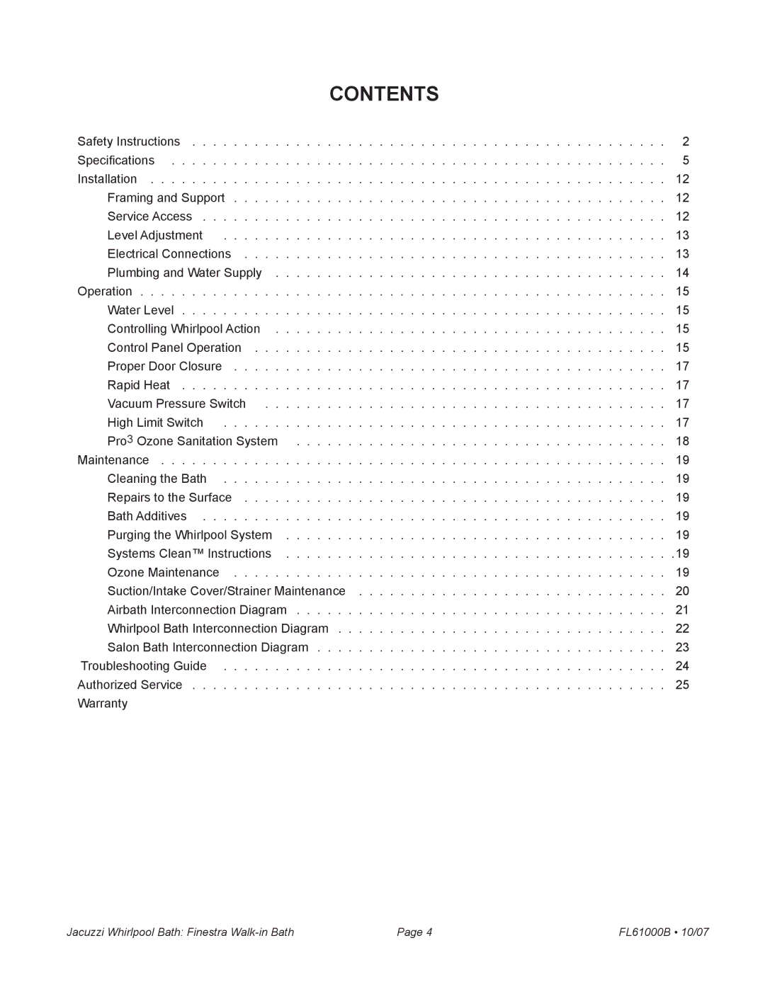 Jacuzzi FL61000 manual Contents 