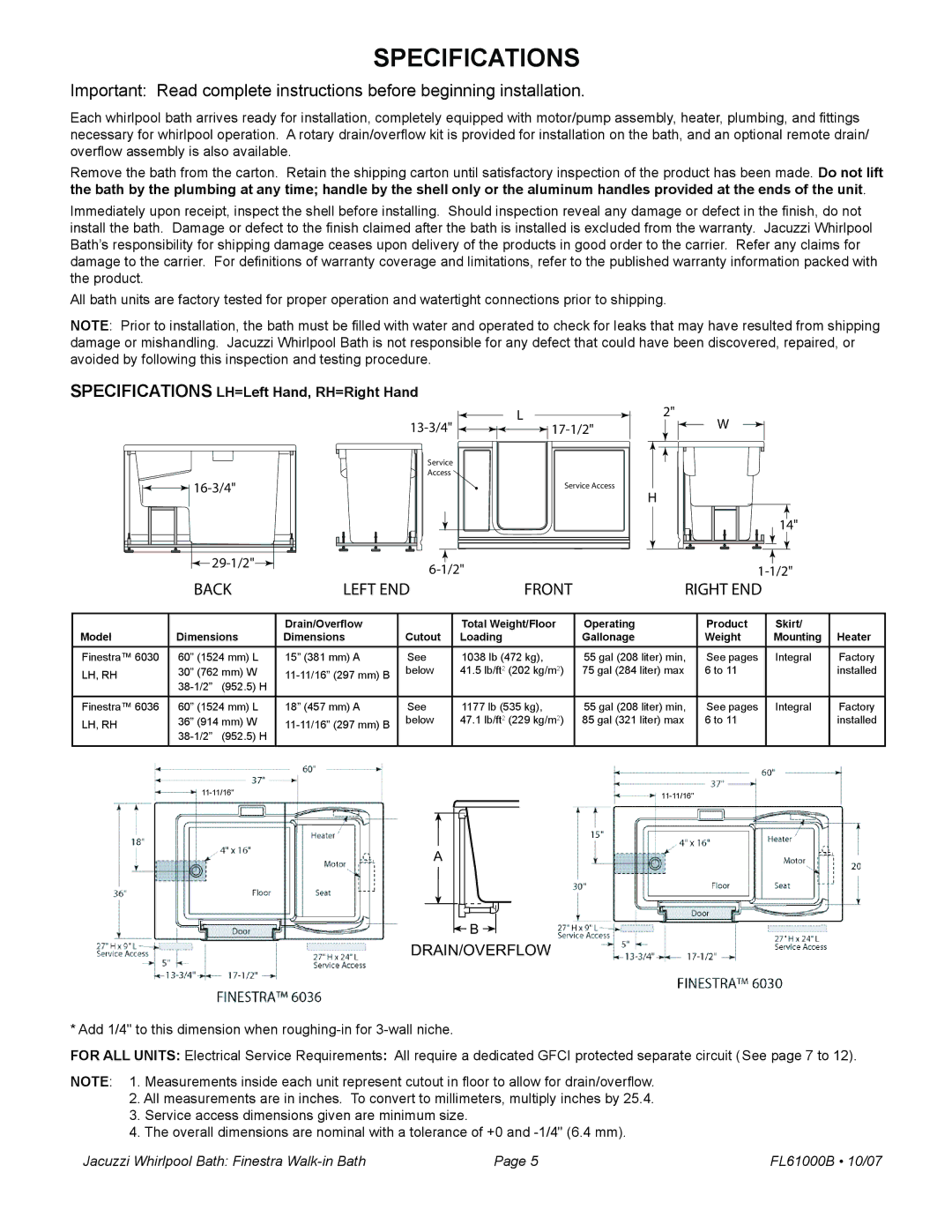 Jacuzzi FL61000 manual Specifications, Back Left END 