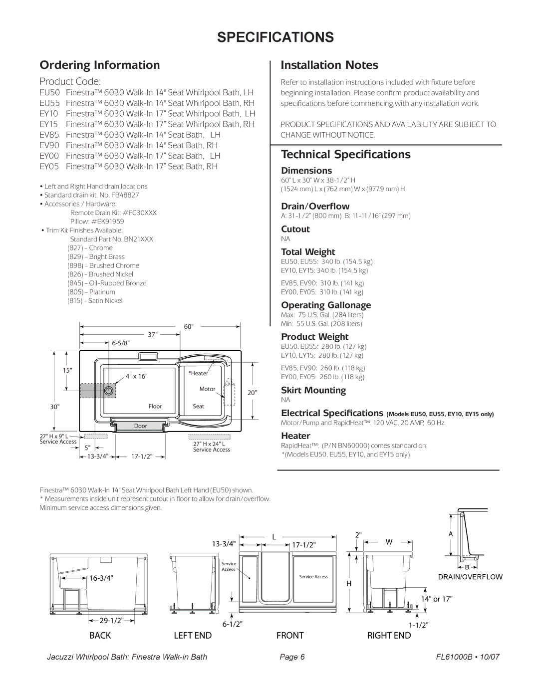 Jacuzzi FL61000 manual Dimensions, Drain/Overflow, Cutout Total Weight, Operating Gallonage, Product Weight, Skirt Mounting 