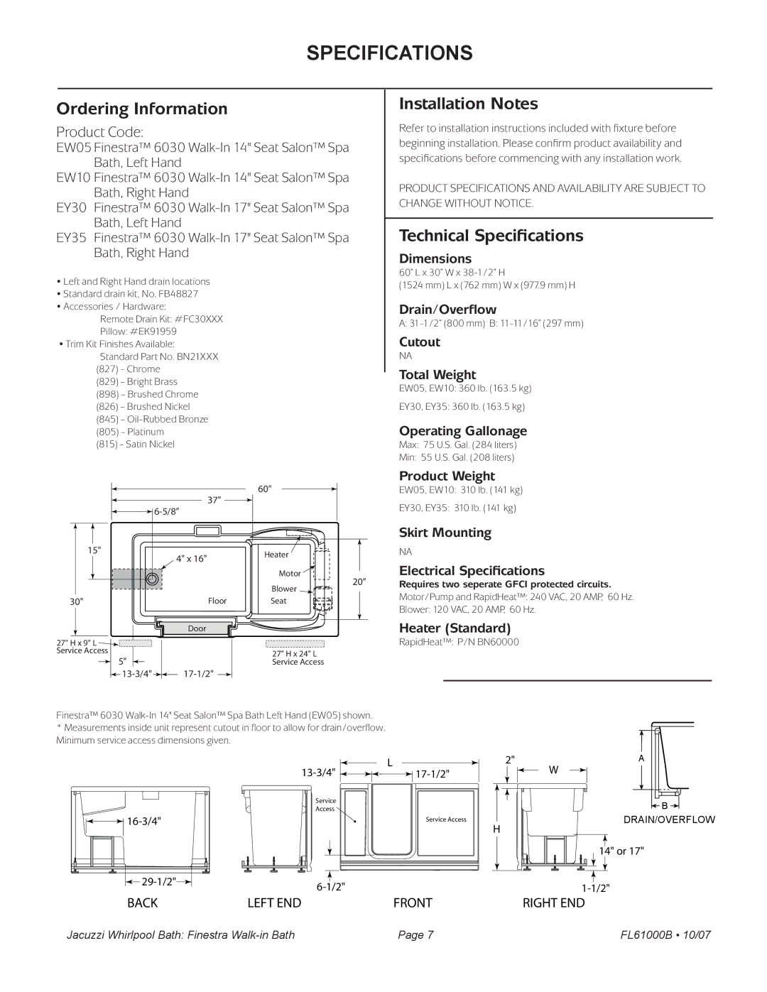 Jacuzzi FL61000 manual Skirt Mounting Electrical Specifications, Heater Standard 