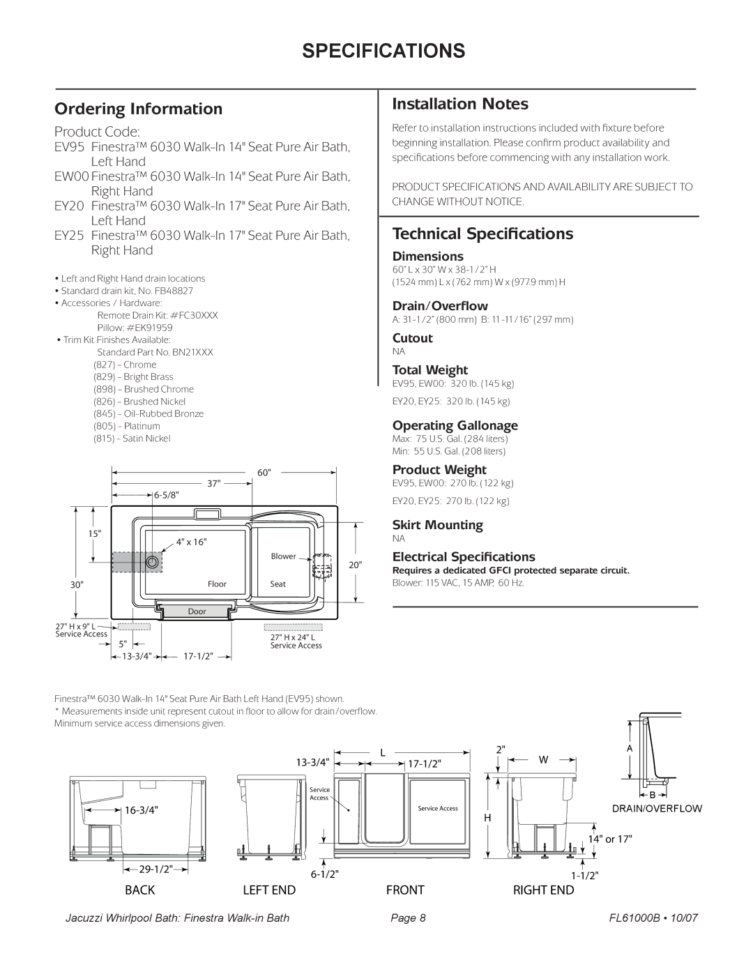 Jacuzzi FL61000 manual Requires a dedicated Gfci protected separate circuit 