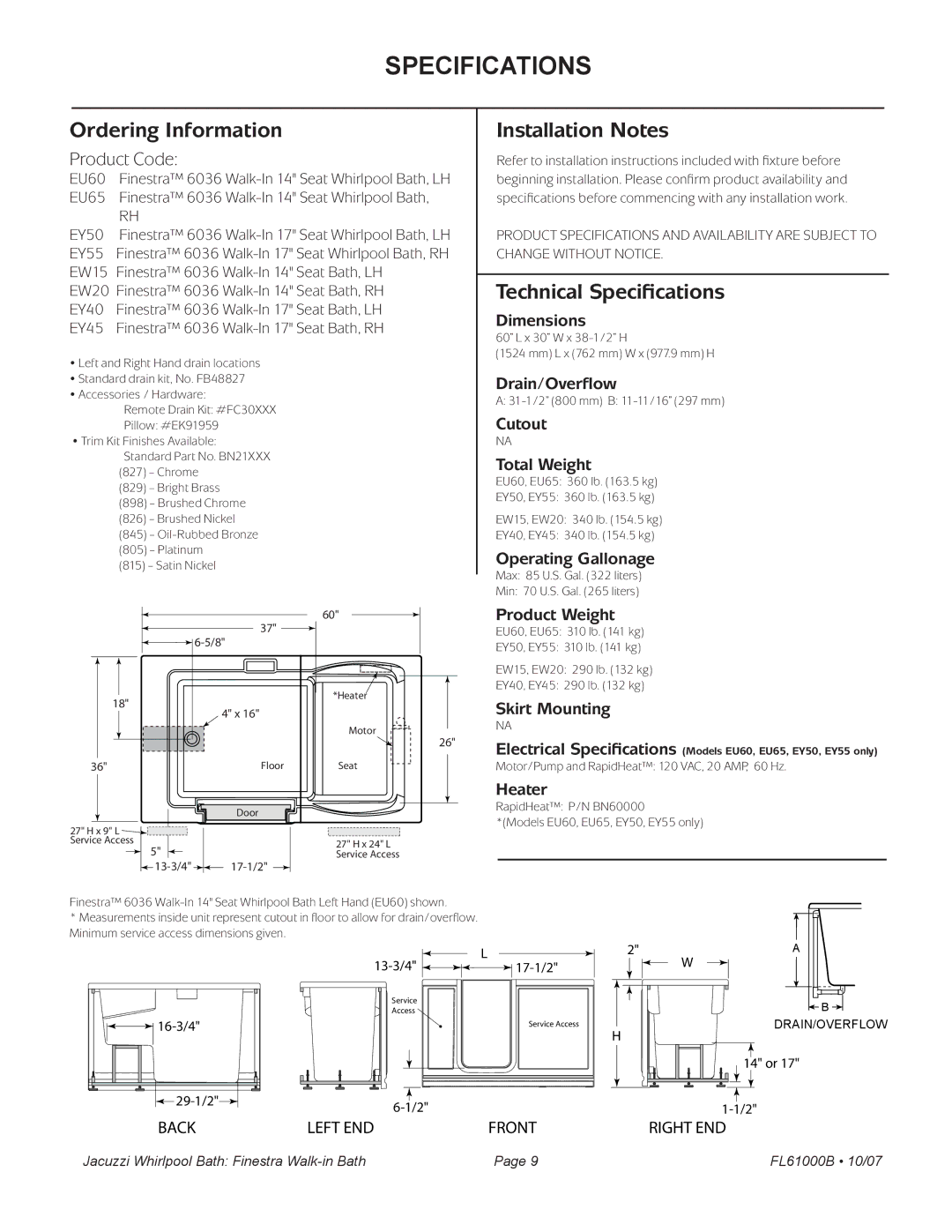 Jacuzzi FL61000 manual Back Left END Front 