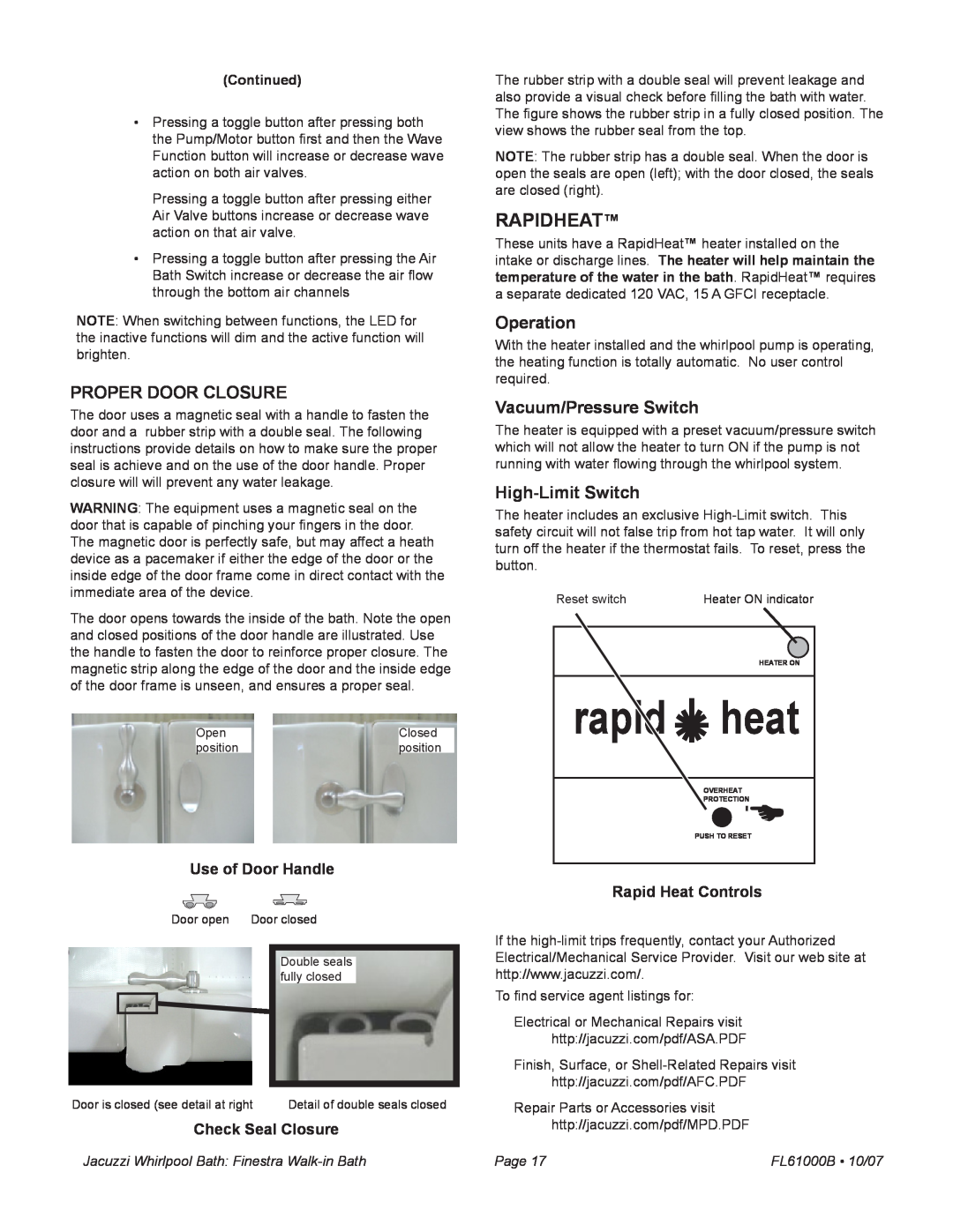 Jacuzzi FL61000 manual RapidHeat, Proper Door Closure, Operation, Vacuum/Pressure Switch, High-LimitSwitch, rapidheat, Page 