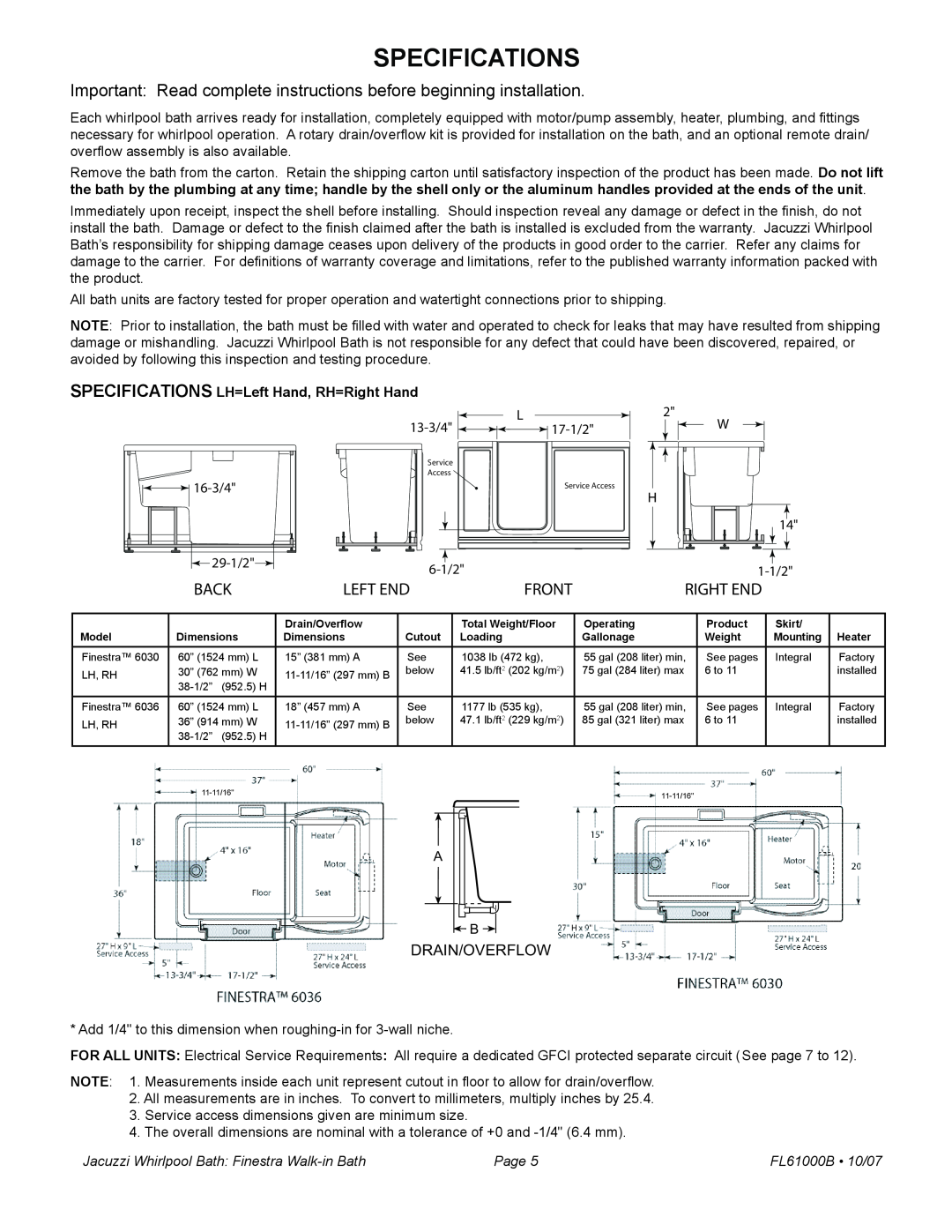 Jacuzzi FL61000 manual Specifications, Back, Left End, Jacuzzi Whirlpool Bath Finestra Walk-inBath, Page  