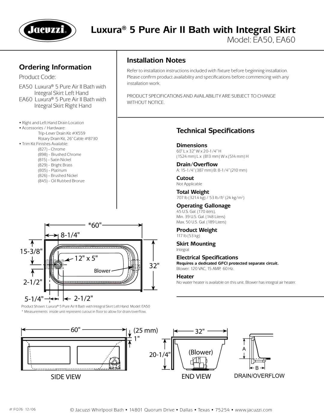 Jacuzzi FQ76 dimensions Ordering Information, Installation Notes, Technical Specifications 