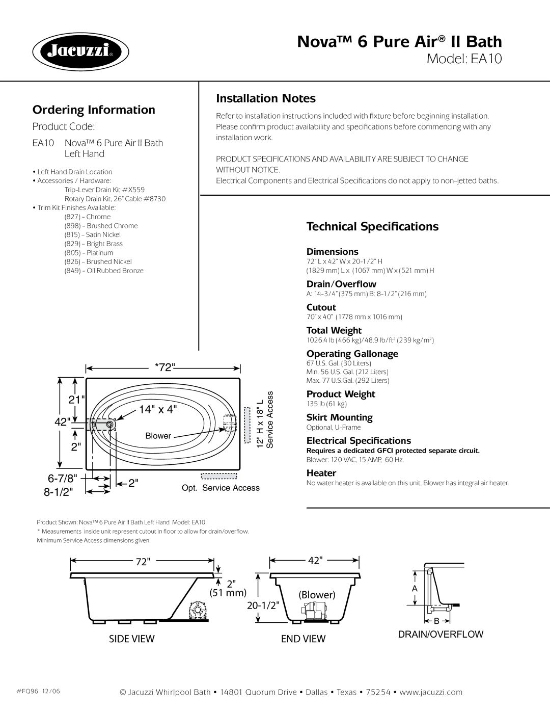 Jacuzzi FQ96 dimensions Ordering Information, Installation Notes, Technical Specifications 