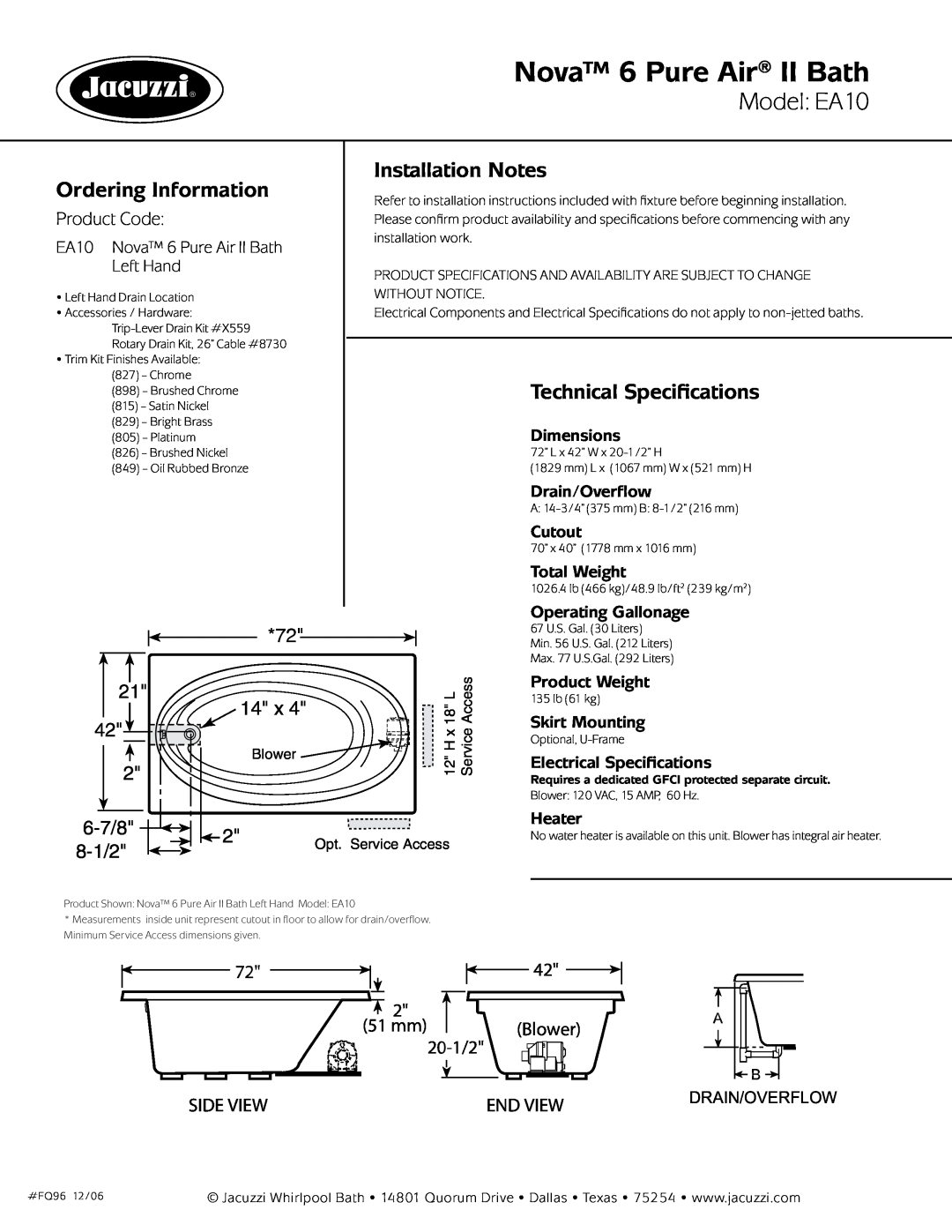 Jacuzzi FQ96 Nova 6 Pure Air II Bath, Model EA10, Ordering Information, Installation Notes, Technical Specifications 