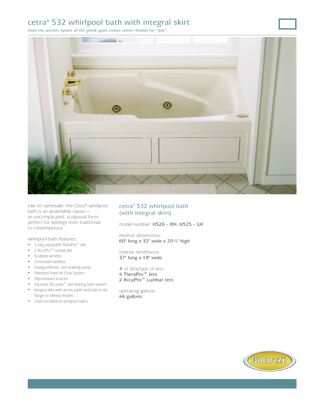 Jacuzzi FR25 dimensions Cetra 532 whirlpool bath with integral skirt 