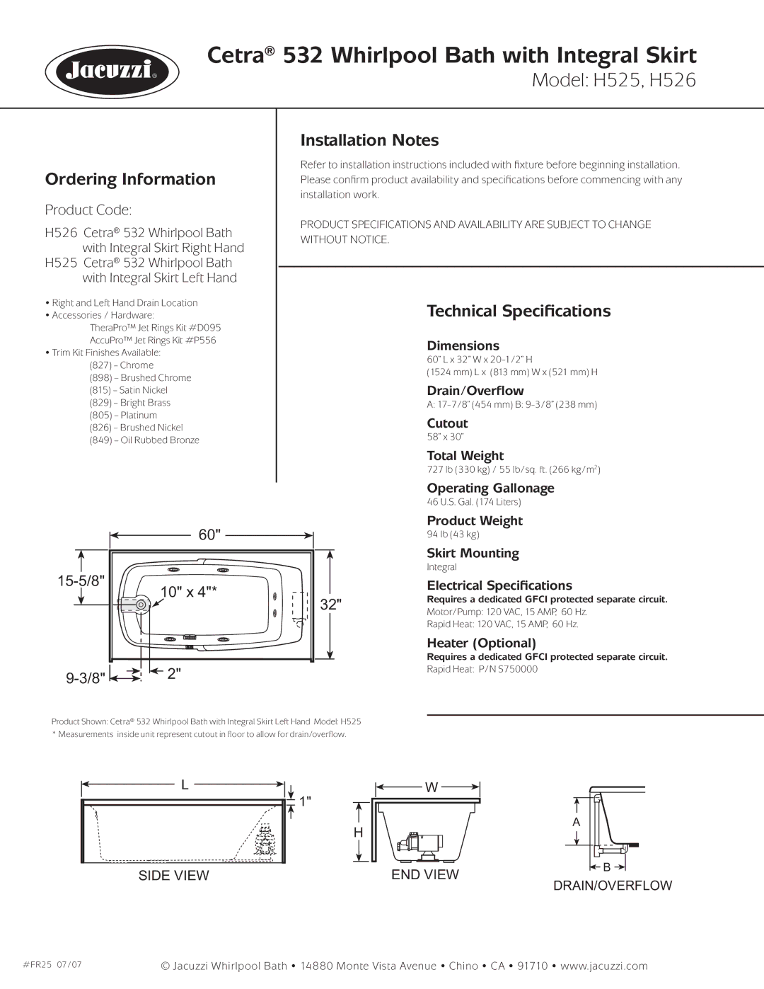 Jacuzzi FR25 dimensions Ordering Information, Installation Notes, Technical Speciﬁcations 