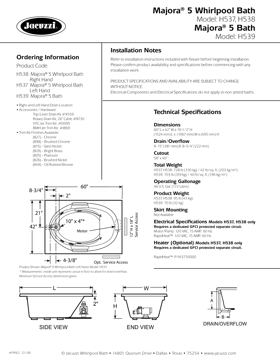 Jacuzzi FR62 dimensions Ordering Information, Installation Notes, Technical Specifications 