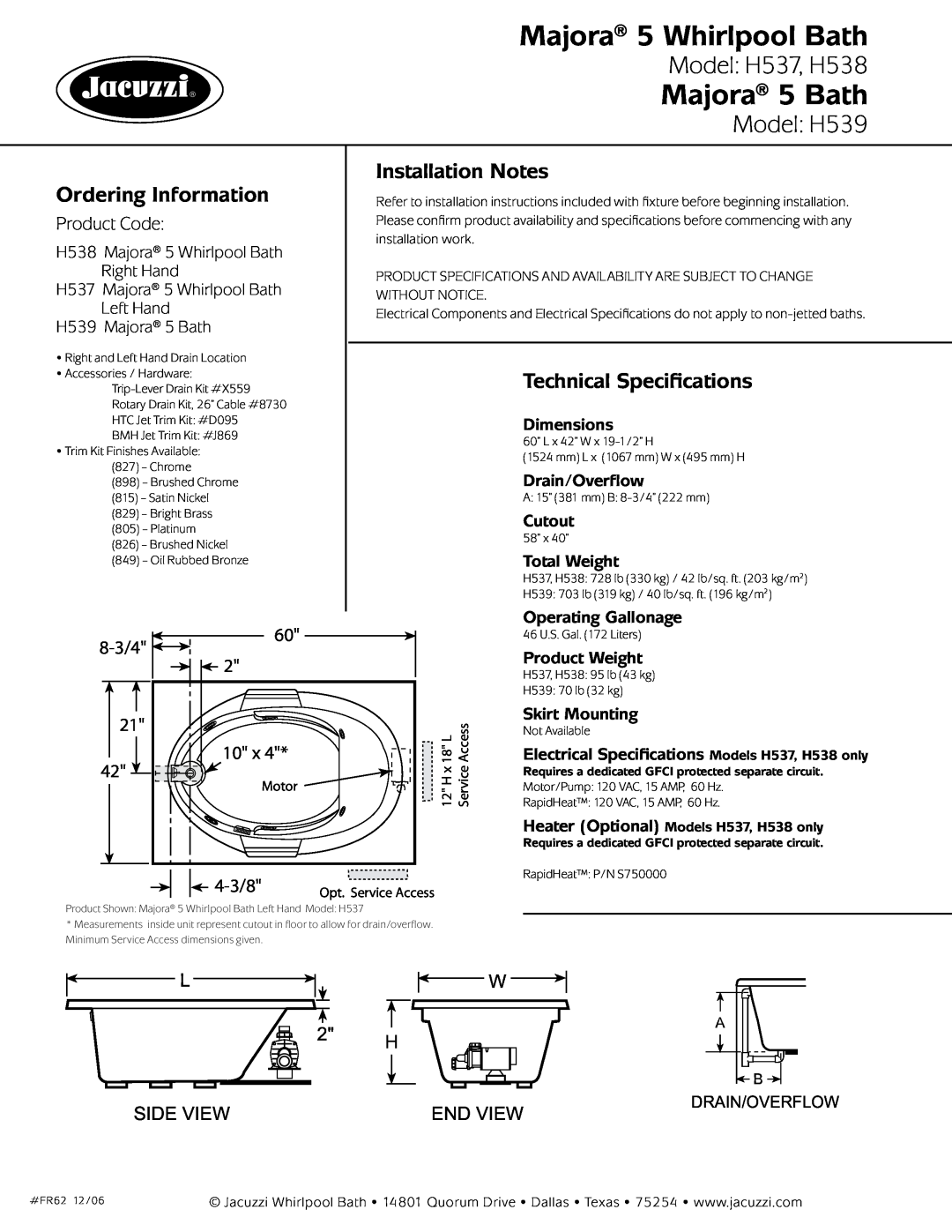 Jacuzzi FR62 Majora 5 Whirlpool Bath, Majora 5 Bath, Model H537, H538, Model H539, Ordering Information, Product Code 