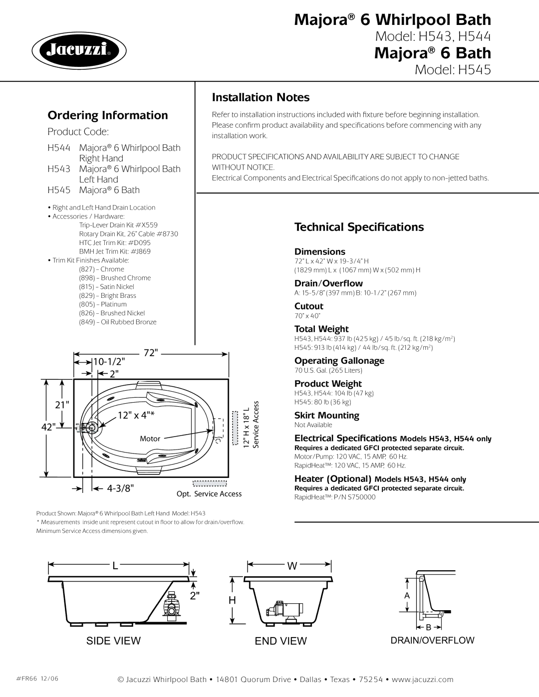 Jacuzzi FR66 dimensions Product Code, 10-1/2, 12 x 