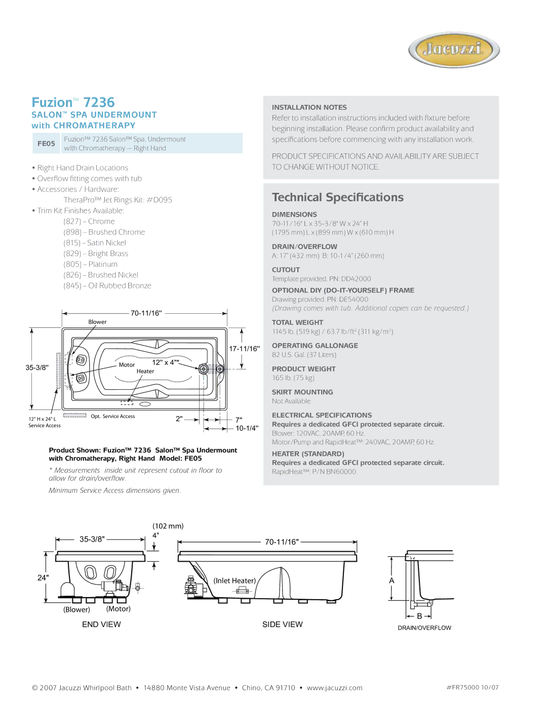 Jacuzzi FR76 dimensions Fuzion, Technical Specifications, Salon spa undermount with chromatherapy 