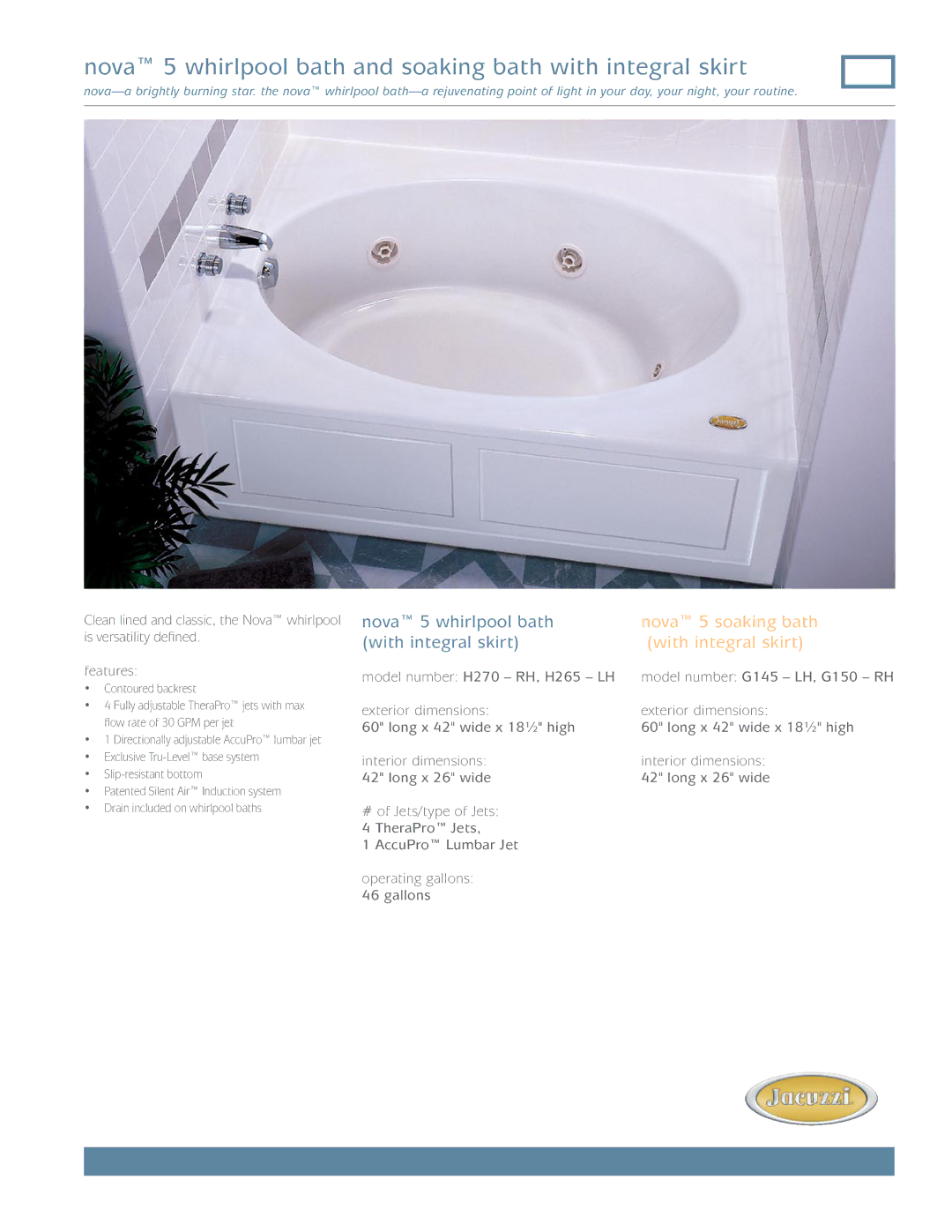 Jacuzzi FR79 dimensions Nova 5 whirlpool bath and soaking bath with integral skirt 