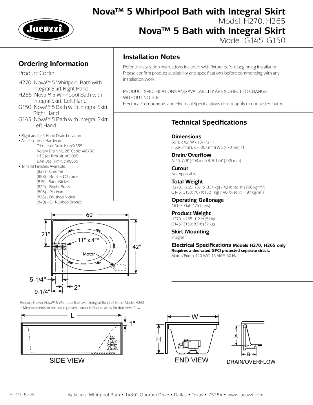 Jacuzzi FR79 dimensions Ordering Information, Installation Notes, Technical Specifications 