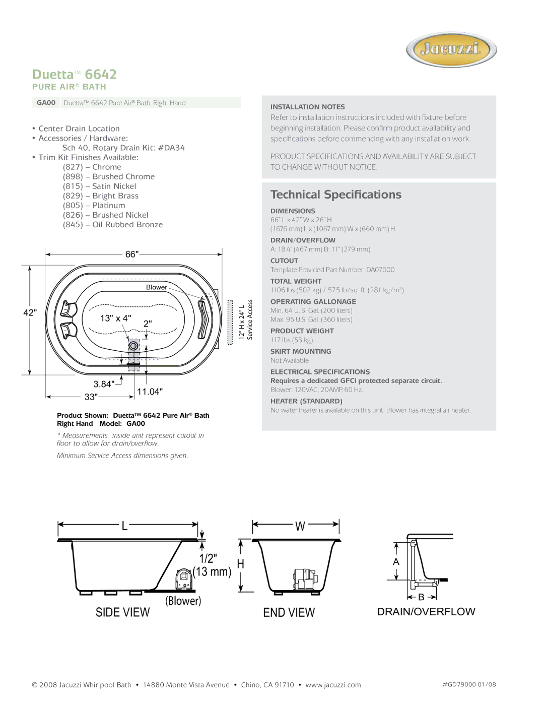 Jacuzzi GA00, 6642 dimensions Duetta, Technical Specifications, Pure air Bath, 13 x 