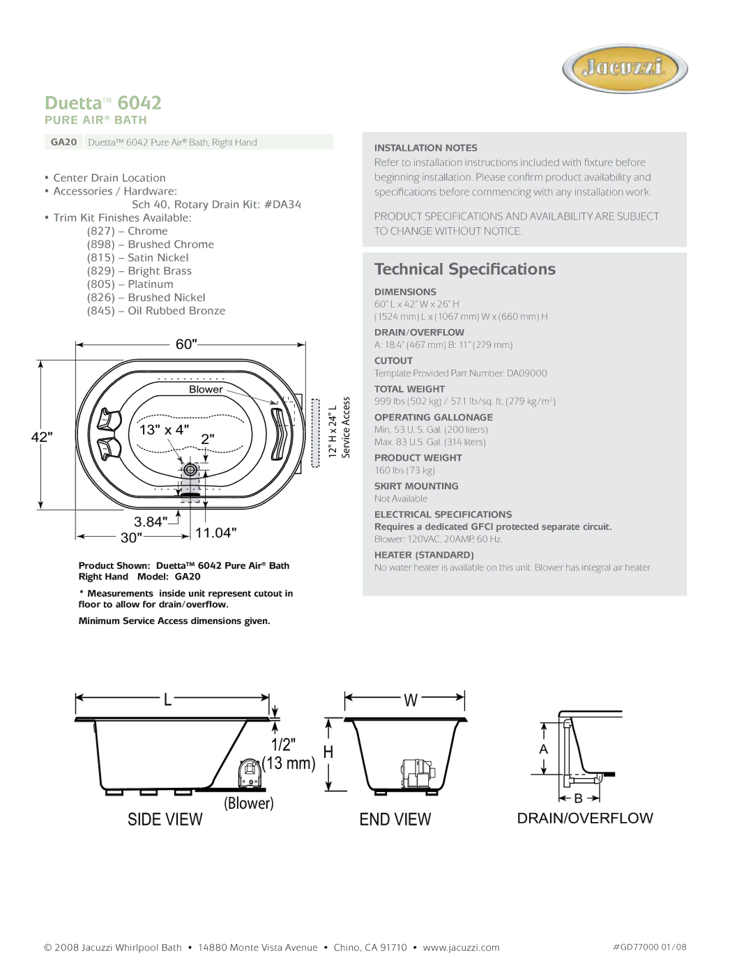 Jacuzzi GA20 dimensions Duetta, Technical Specifications, 13 x 11.04, Pure air Bath 