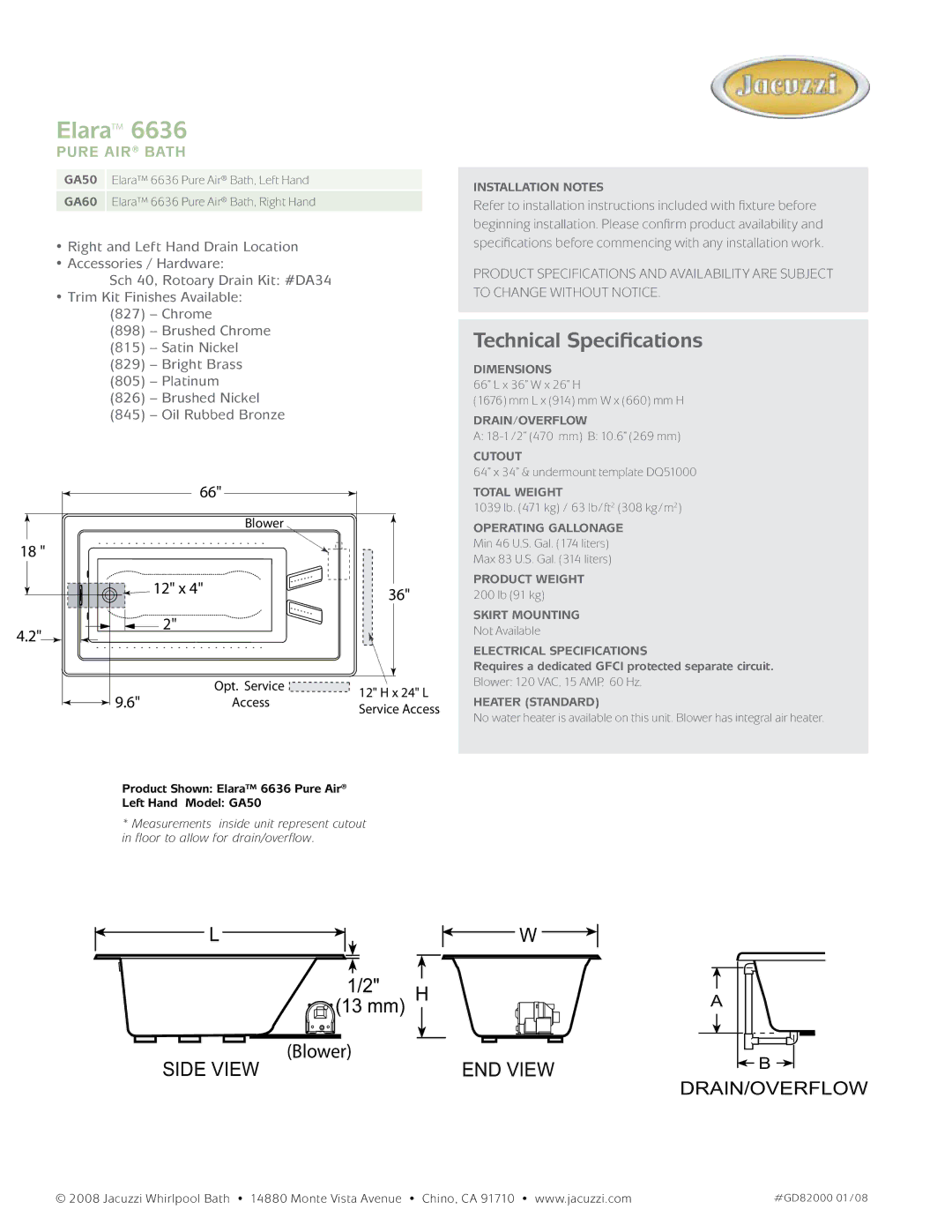 Jacuzzi GA50, GA60 dimensions Elara, Technical Specifications, Pure air Bath, Left Hand 